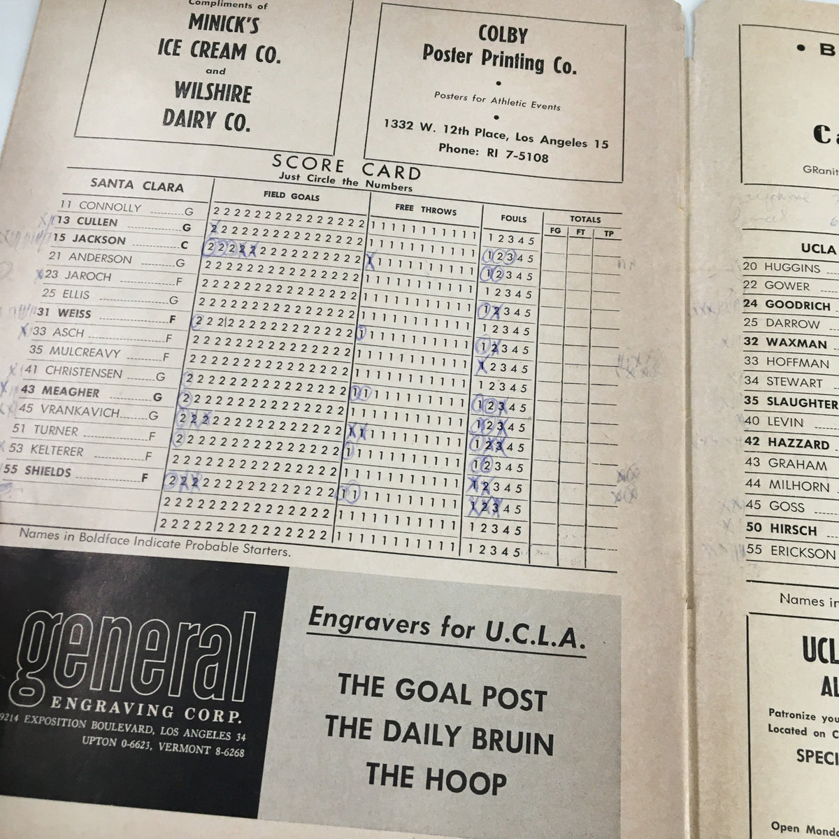 Score card page from the December 1, 1962 NCAA Basketball game program, detailing Santa Clara players' statistics against UCLA.