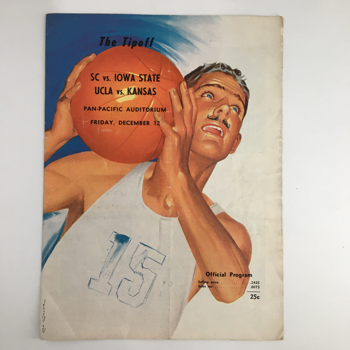Official program for the December 12, 1960 NCAA Basketball game featuring UCLA vs Kansas, showcasing an athlete holding a basketball on the cover.