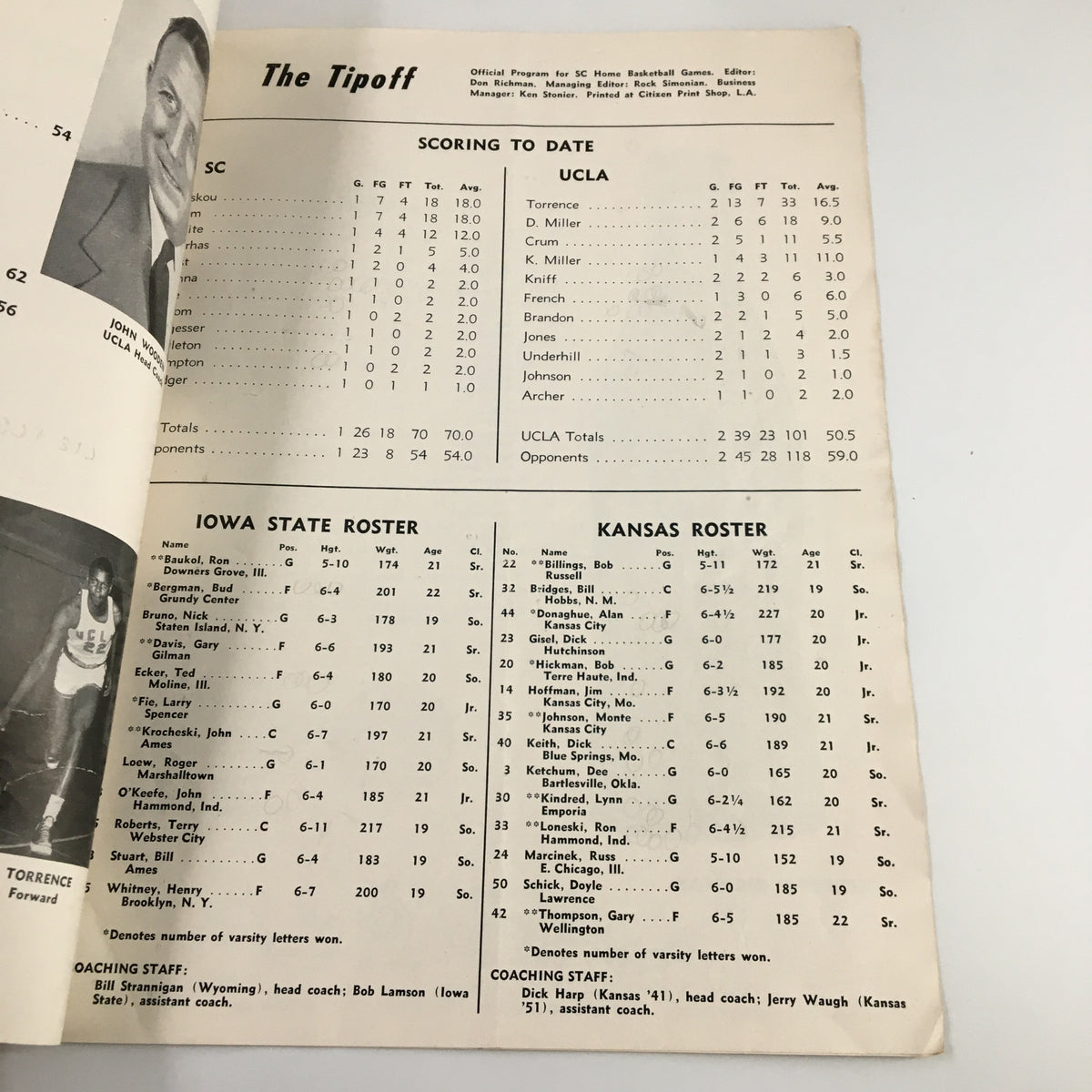 Interior page of the official program for the December 12, 1960 NCAA Basketball game, displaying team rosters for UCLA and Kansas along with scoring details.