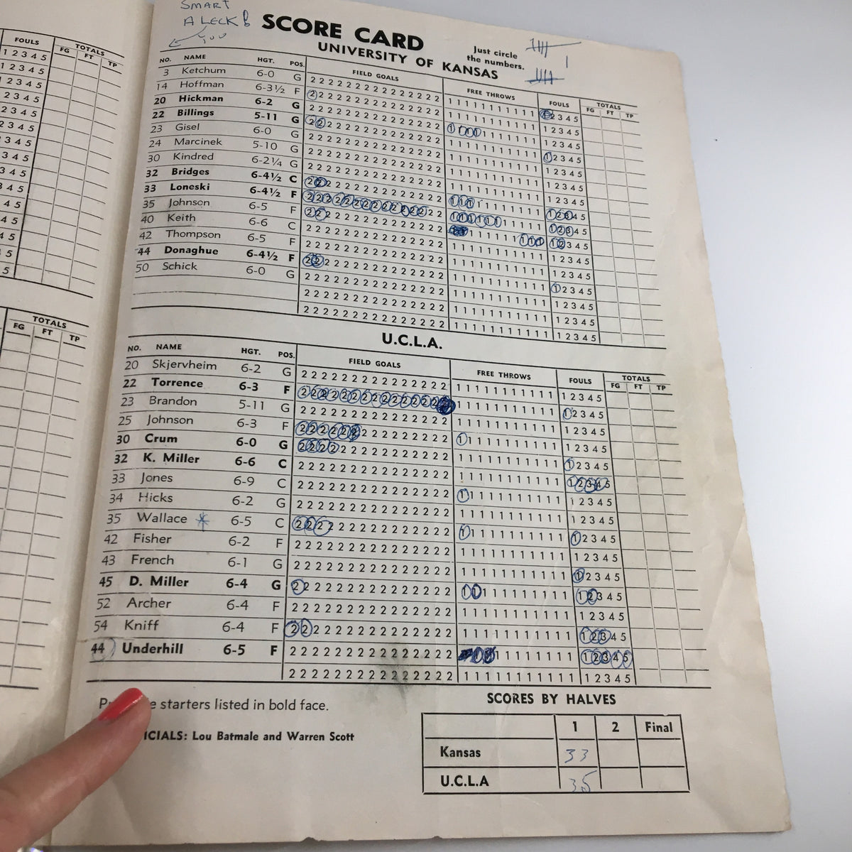 Scorecard page from the December 12, 1960 NCAA Basketball UCLA vs Kansas Official Program displaying game stats for both teams.