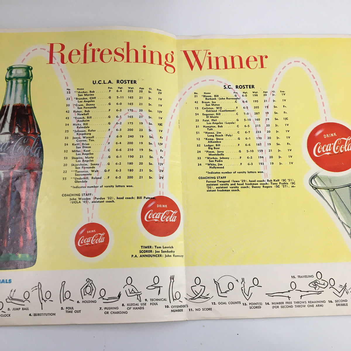 February 20 1959 NCAA Basketball UCLA vs Oregon The Tipoff Official Program showcasing UCLA and SC rosters with Coca-Cola branding.