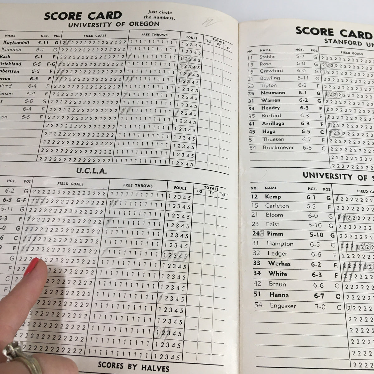 1960 NCAA Basketball UCLA vs Oregon Official Program - Score card showing player statistics for University of Oregon.