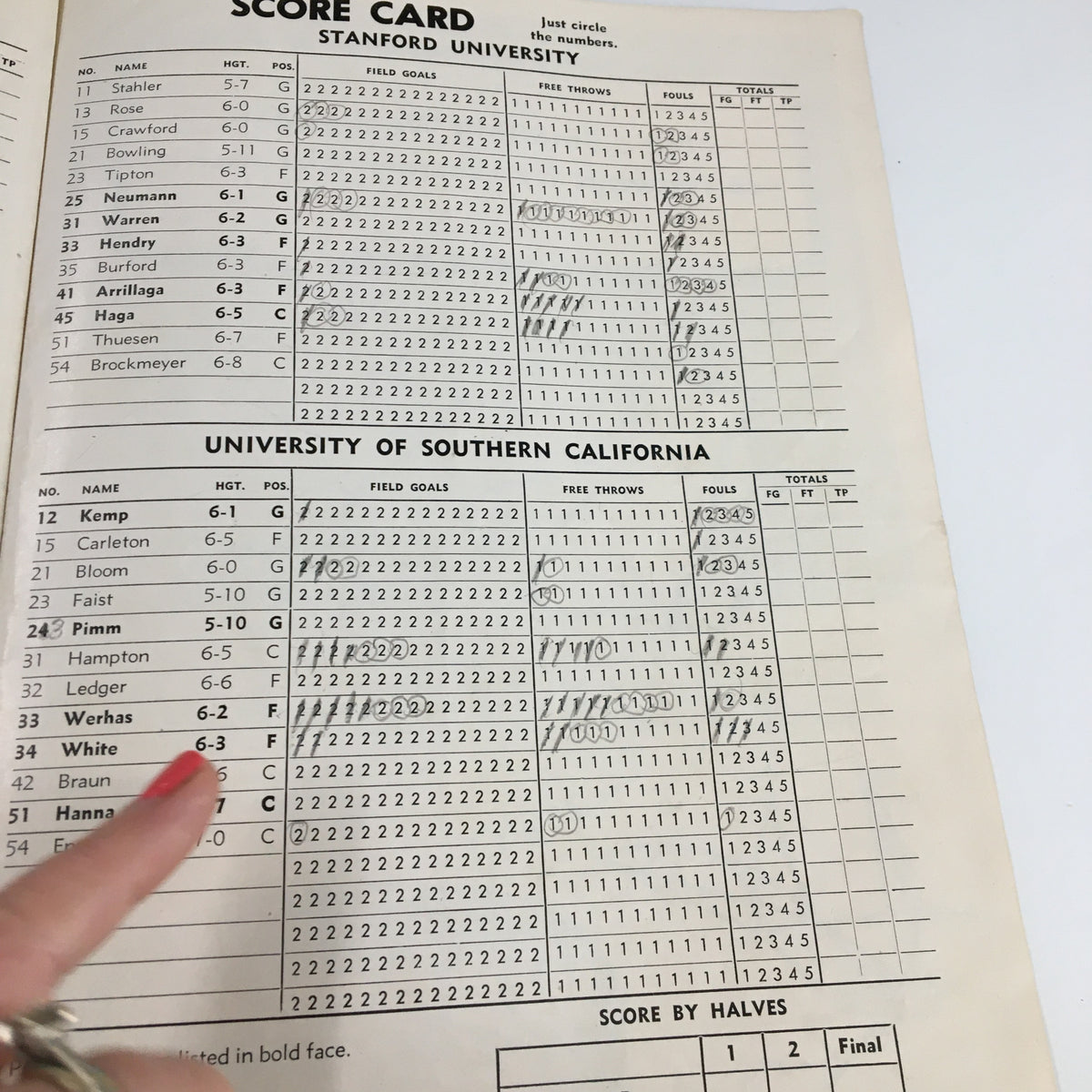 1960 NCAA Basketball UCLA vs Oregon Official Program - Score card displaying player statistics for Stanford University.