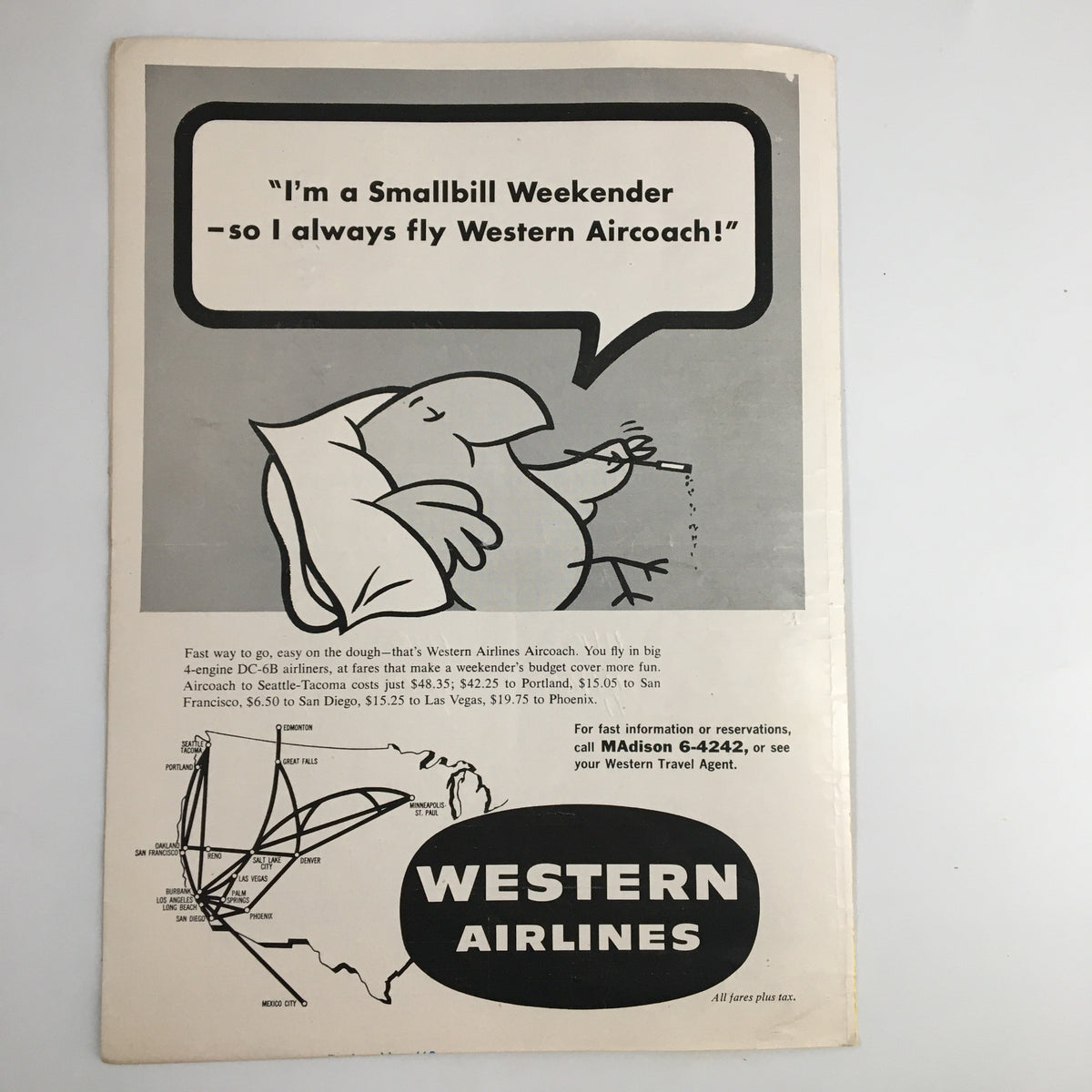 1960 NCAA Basketball UCLA vs Oregon Official Program - Advertisement for Western Airlines featuring a cartoon character.