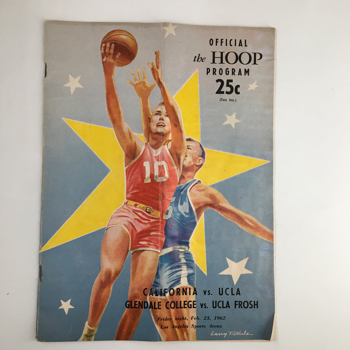 February 23 1962 NCAA Basketball Program featuring a colorful illustration of two players competing, showcasing the match between California and UCLA, with an eye-catching star background.