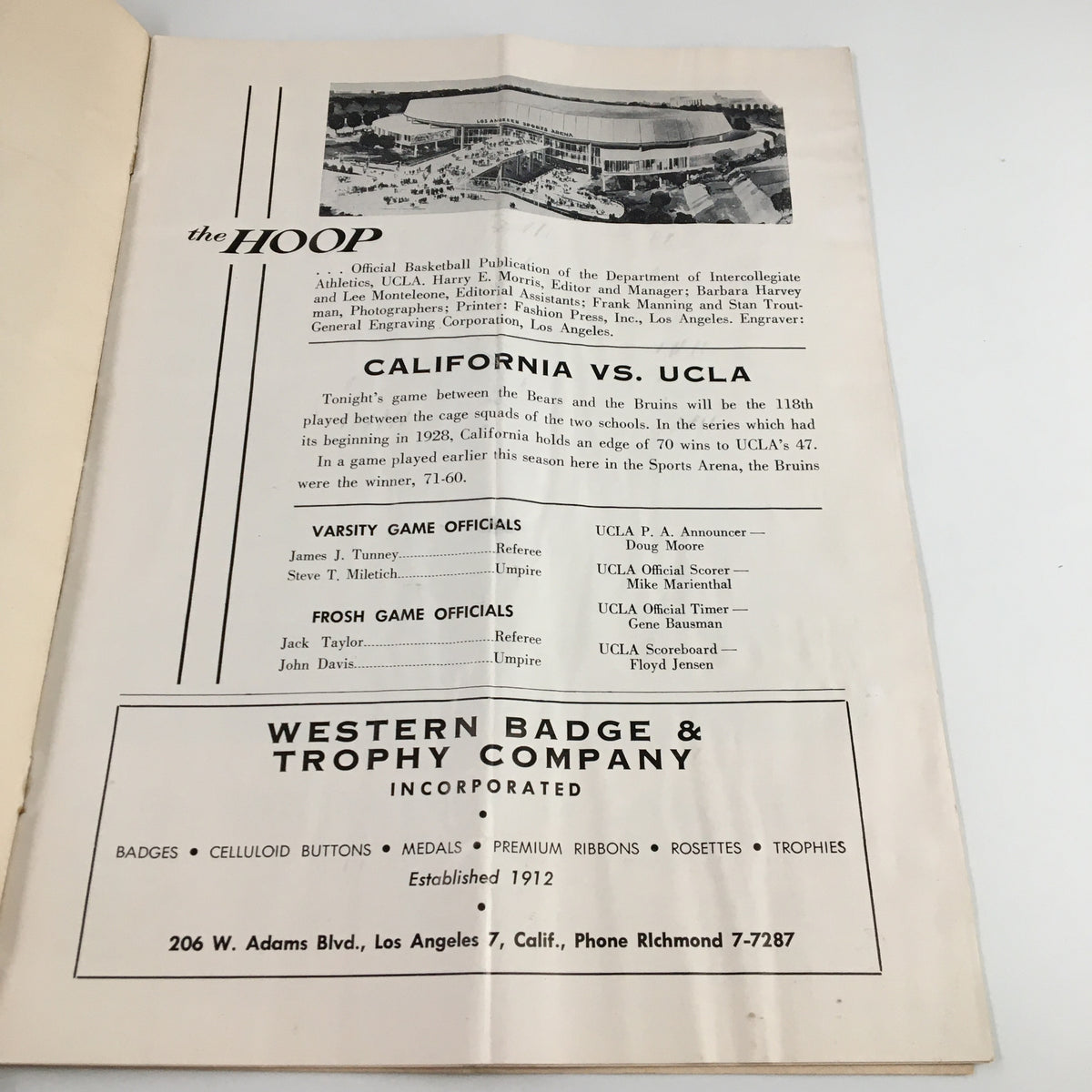 Inside page of the February 23 1962 NCAA Basketball California vs UCLA Official Program featuring team rosters and game officials.