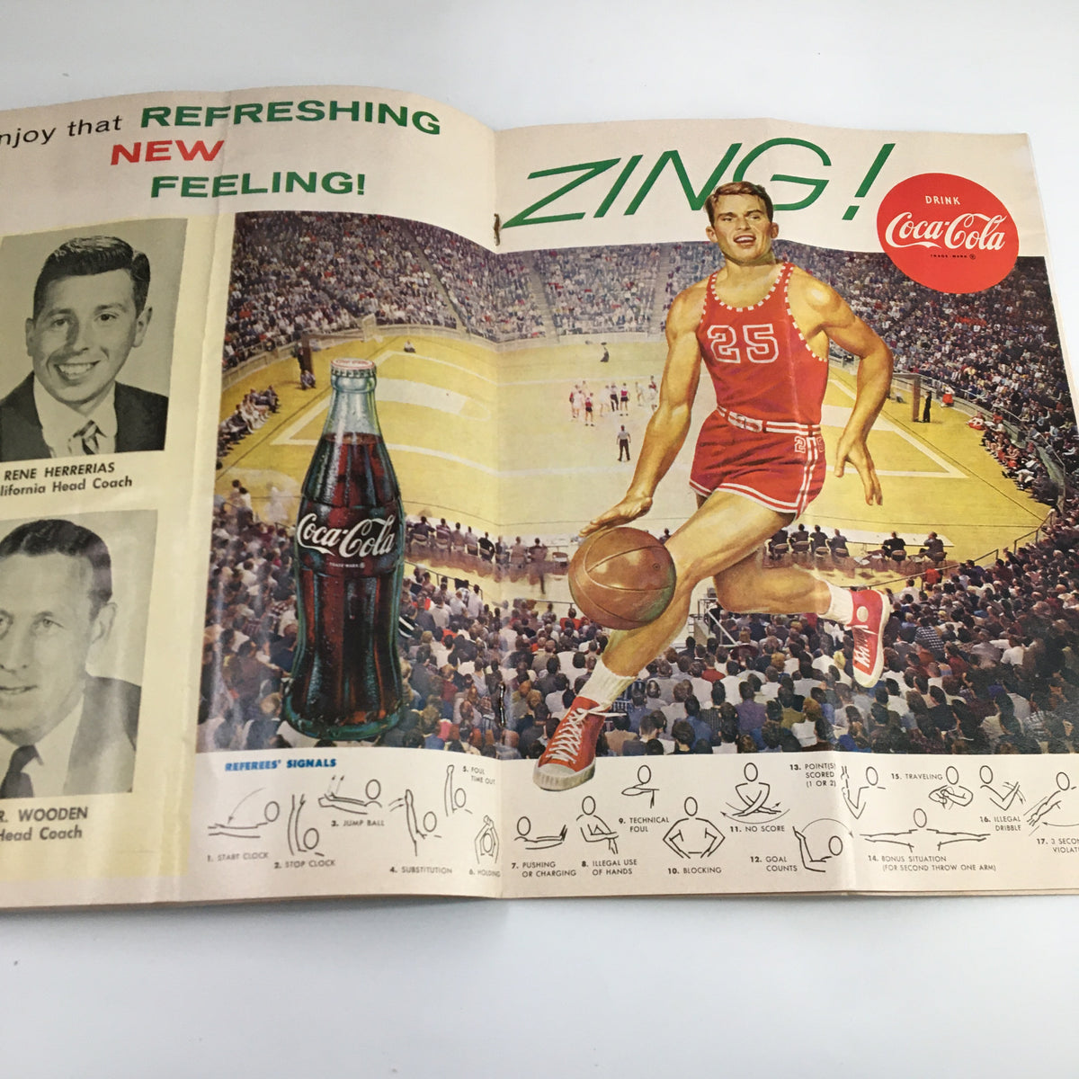 February 23 1962 NCAA Basketball California vs UCLA The Hoop Official Program featuring an advertisement of a basketball player drinking Coca-Cola during a game.