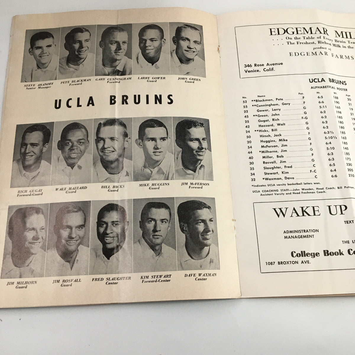 February 23 1962 NCAA Basketball California vs UCLA The Hoop Official Program showcasing the UCLA Bruins team roster and player photographs.