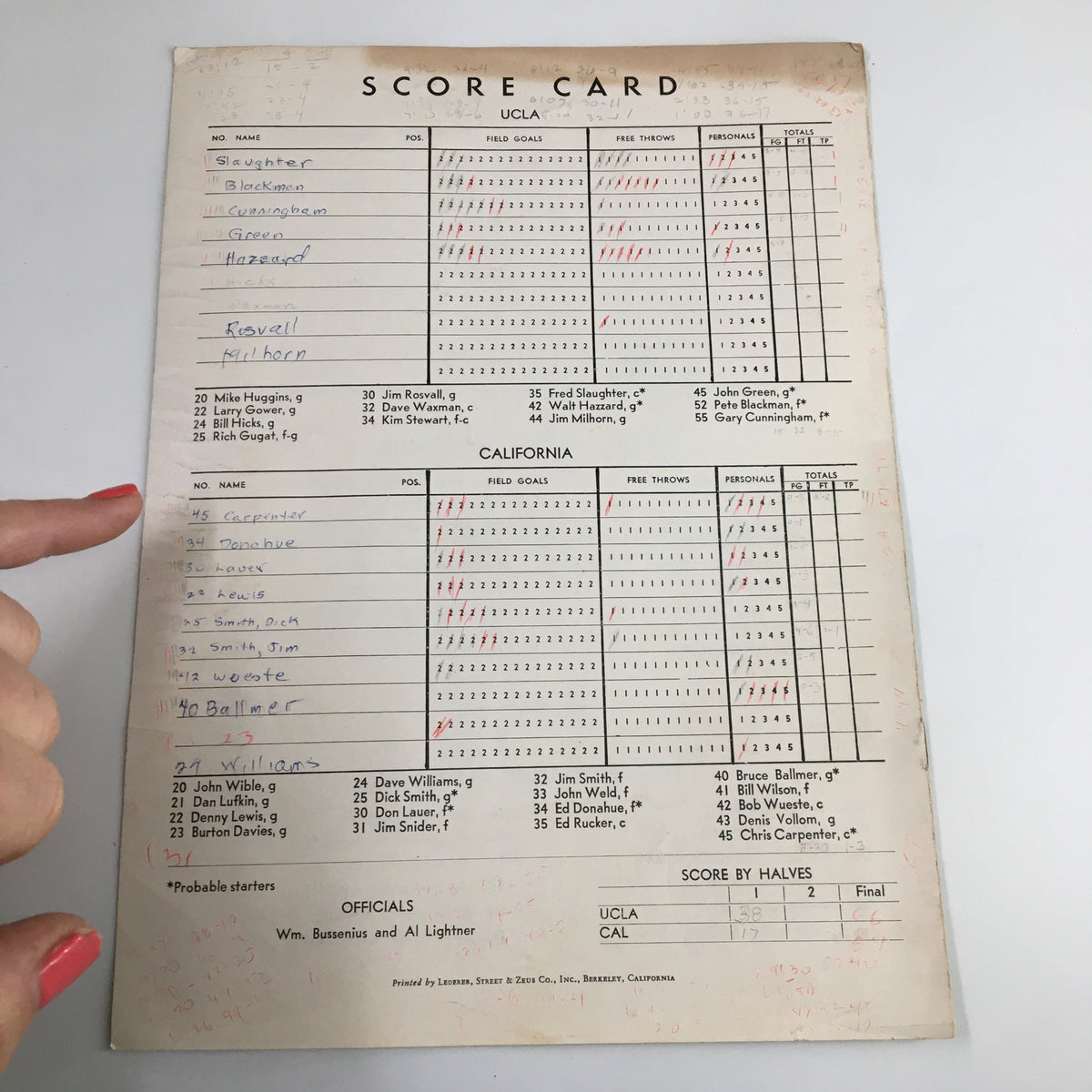 March 10 1962 NCAA Basketball Program scorecard for UCLA vs California game, detailing player statistics and scores; a vintage piece of basketball memorabilia.