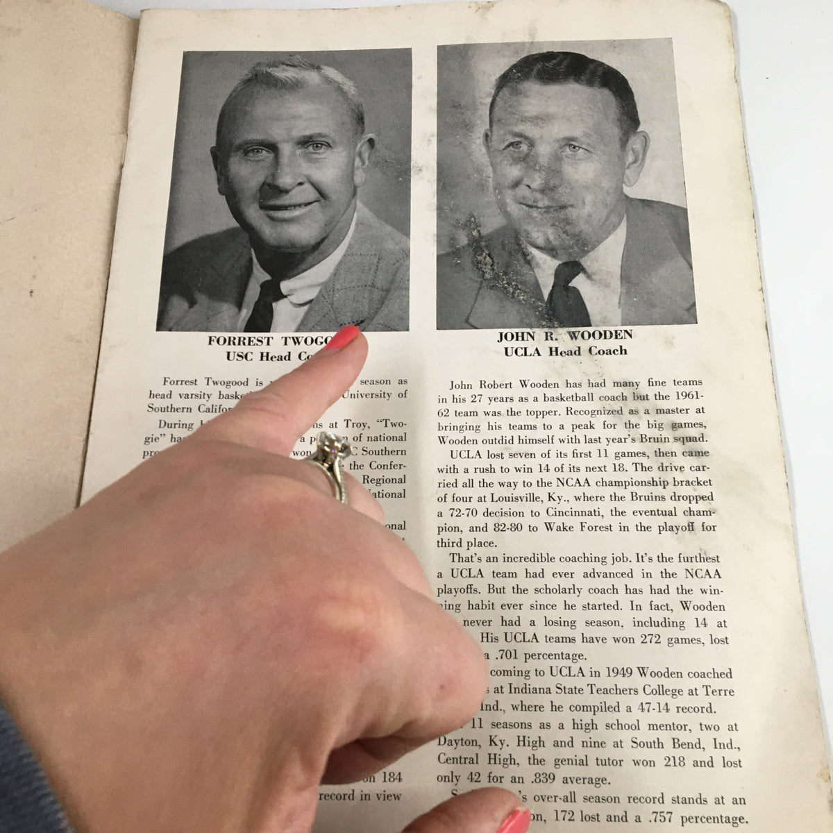 Inside page of the February 1, 1963 NCAA Basketball USC vs UCLA The Hoop Official Program showcasing USC and UCLA head coaches.