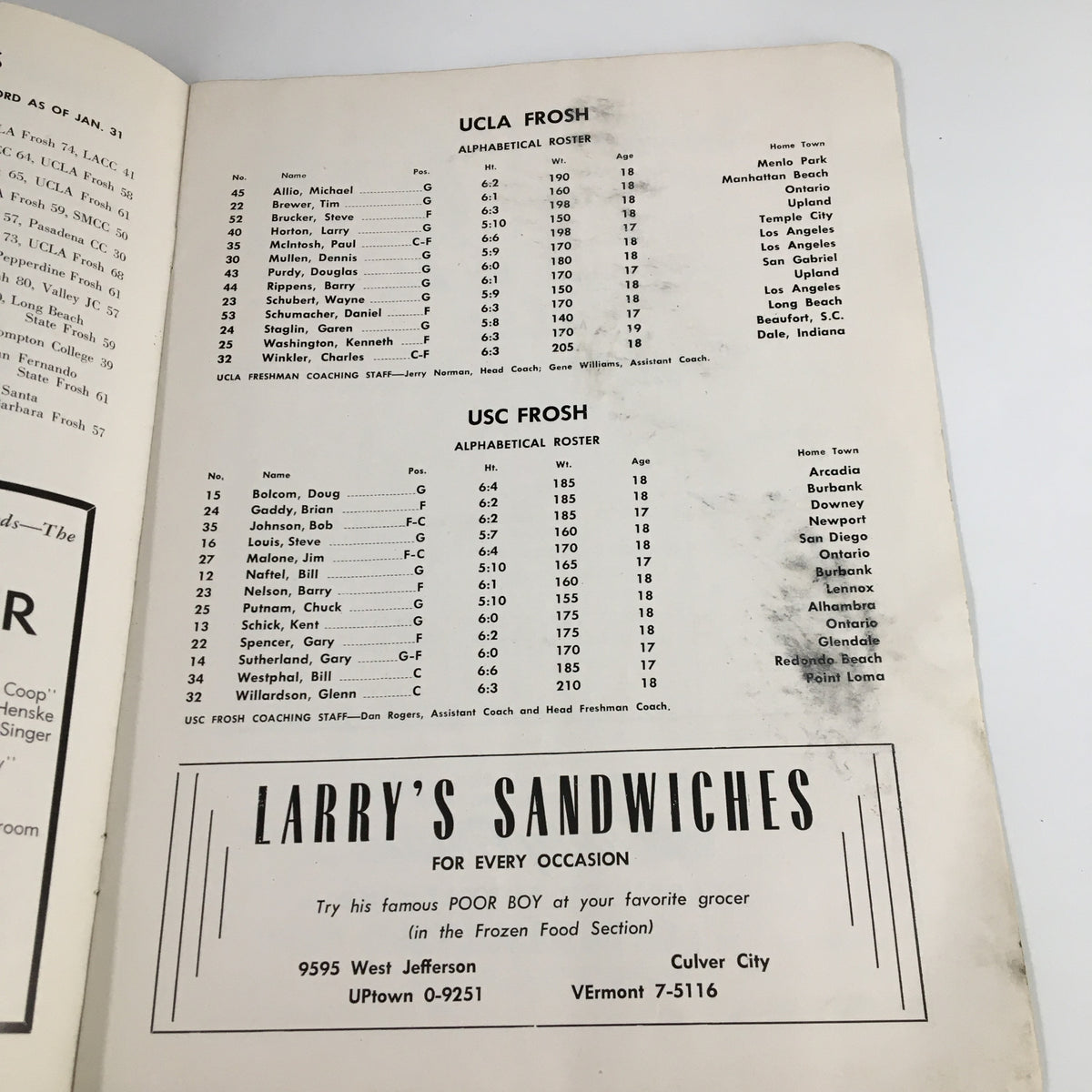 Roster page from the February 1, 1963 NCAA Basketball USC vs UCLA The Hoop Official Program listing players from both teams.