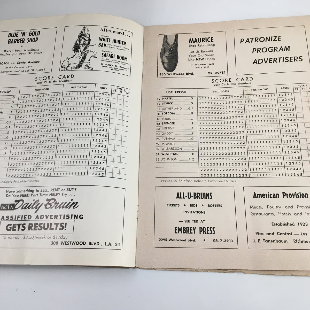 Scorecard page from the February 1, 1963 NCAA Basketball USC vs UCLA Official Program featuring player statistics and advertisements.