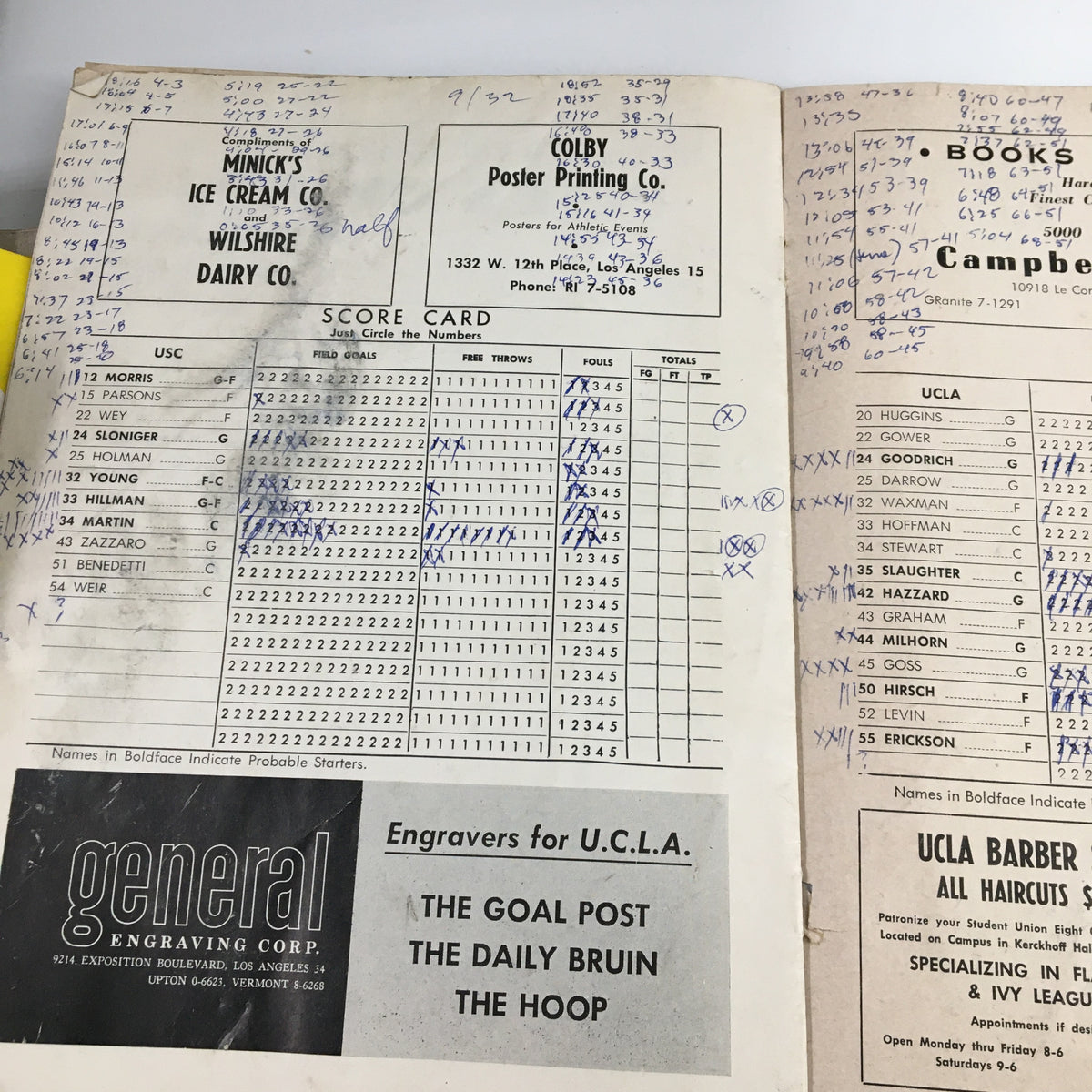 Scorecard details from the February 1, 1963 NCAA Basketball USC vs UCLA Official Program, including player statistics for both teams.