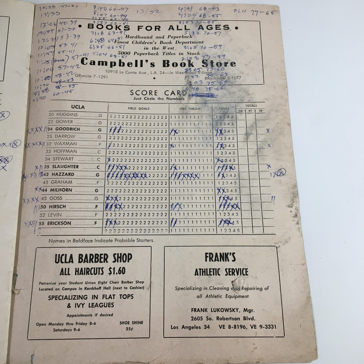 Campbell's Book Store advertisement page from the February 1, 1963 NCAA Basketball USC vs UCLA Official Program with UCLA player scores.