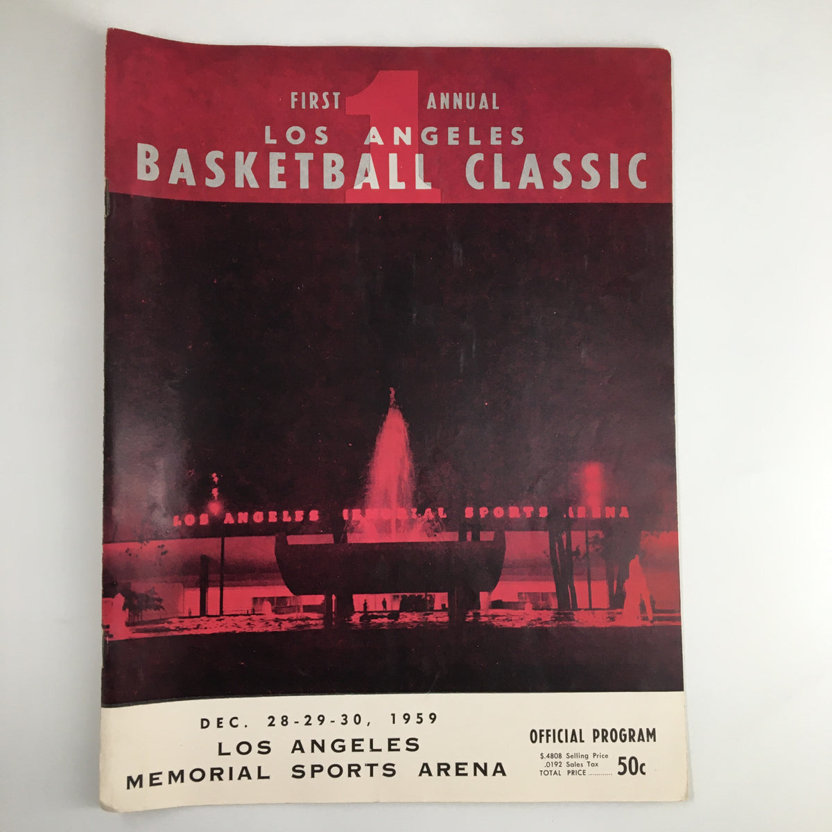 December 28 1959 NCAA Los Angeles Basketball Classic Program cover featuring bold red and black design, highlighting the Los Angeles Memorial Sports Arena.