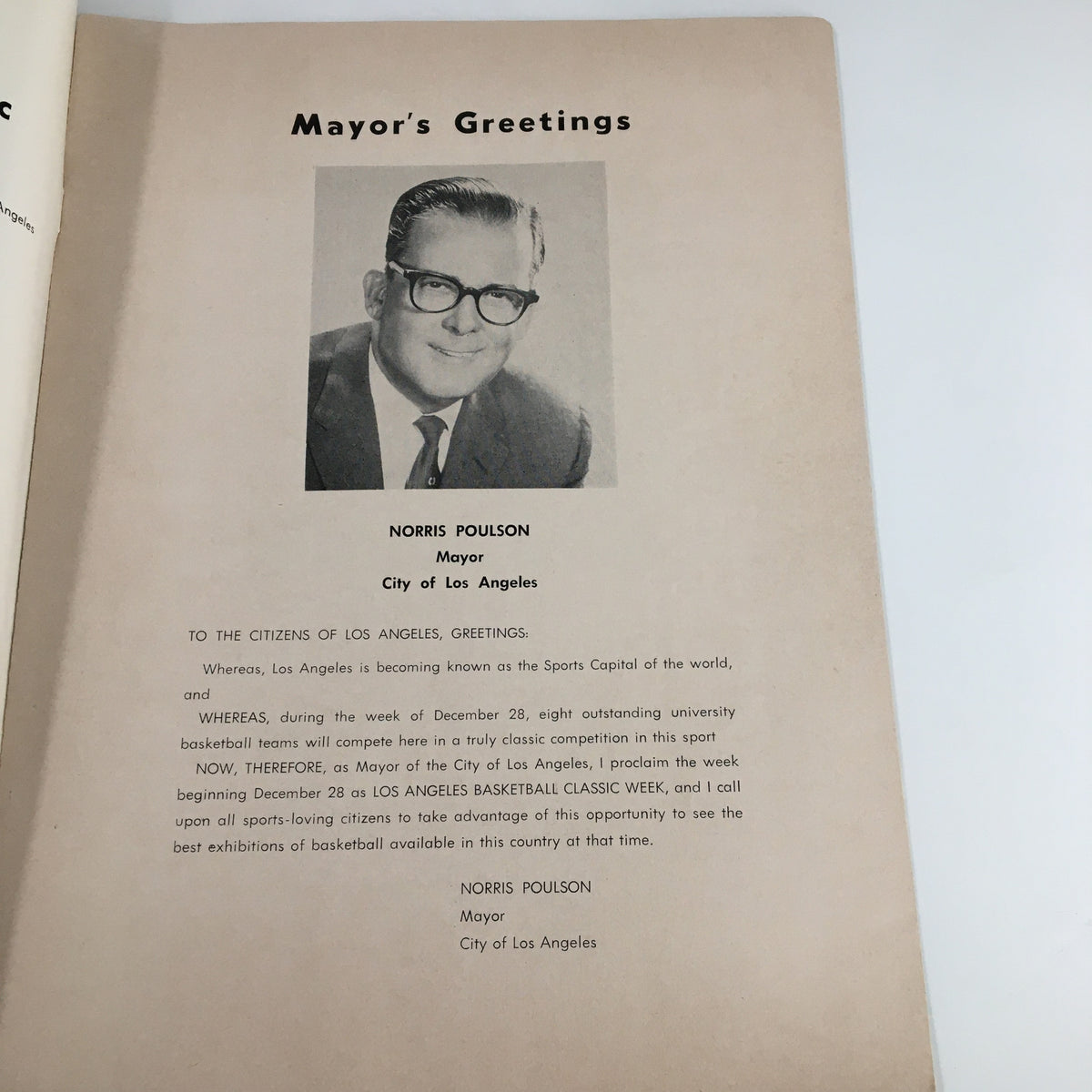 Inside page of the December 28 1959 NCAA Los Angeles Basketball Classic Program containing the Mayor's Greetings from Norris Poulson, showcasing the significance of the event.
