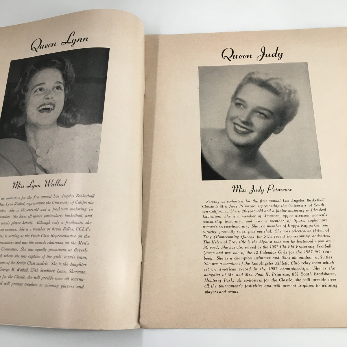 Inside page of the December 28 1959 NCAA Los Angeles Basketball Classic Program featuring portraits of Queen Lynn and Queen Judy, celebrating the event's royal presence.