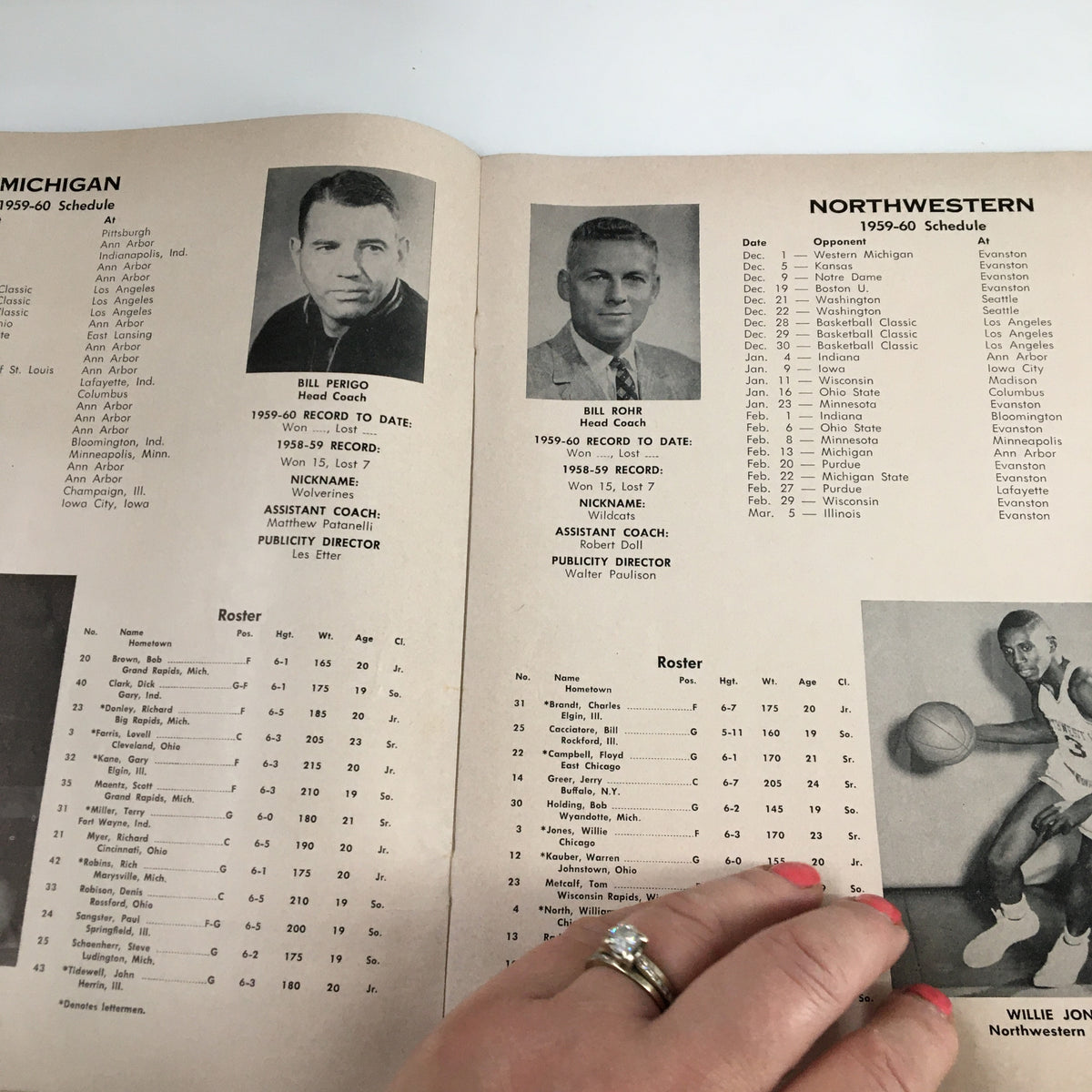Roster page from the December 28 1959 NCAA Basketball Classic program featuring Michigan's and Northwestern's teams and coaches.