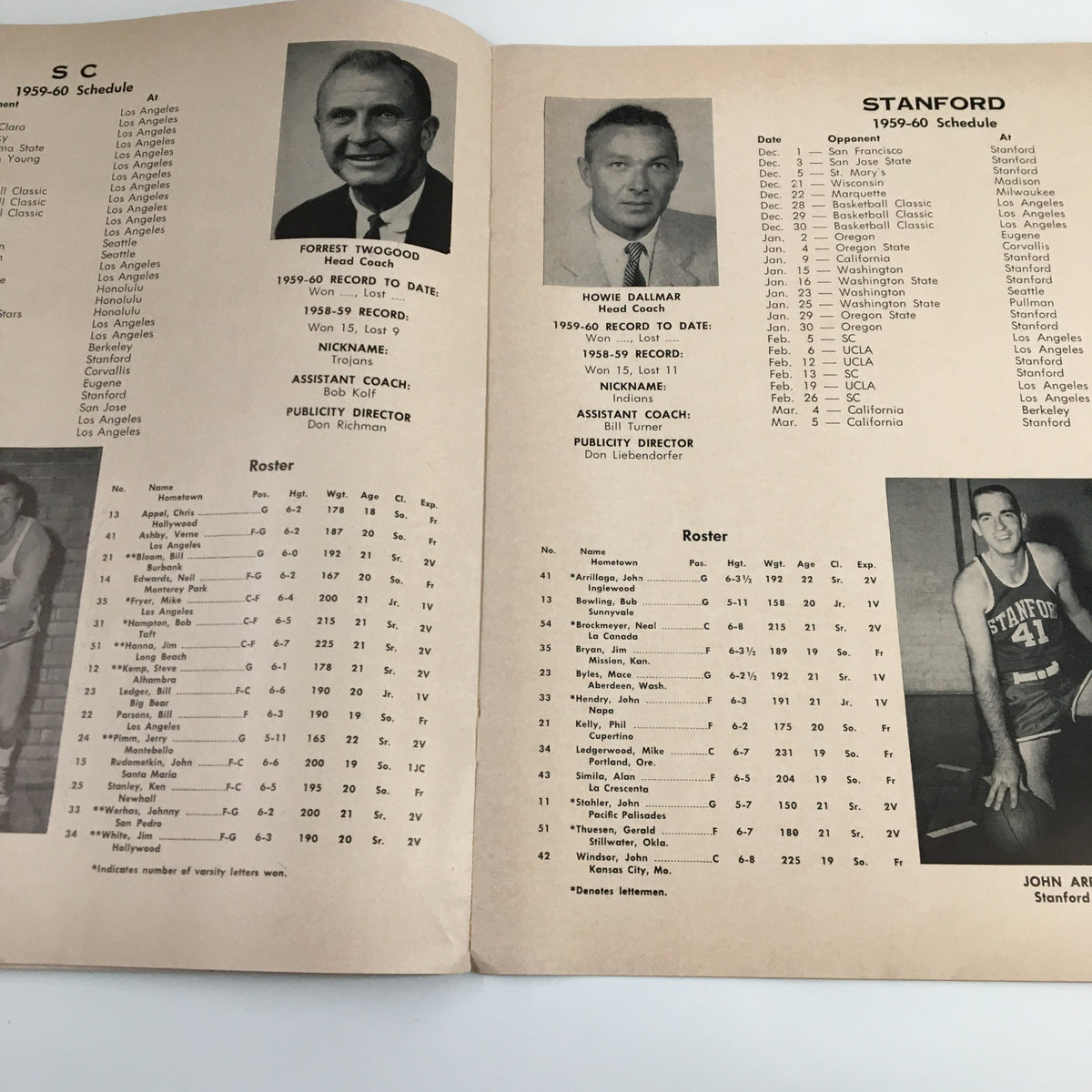 Roster and schedule page of Stanford's team from the December 28 1959 NCAA Basketball Classic program.