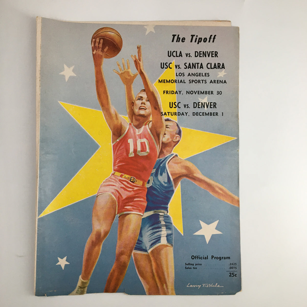Cover page of the official program for the November 30, 1962 NCAA Basketball game between UCLA and Denver, featuring dynamic artwork of players and the title 'The Tipoff'.