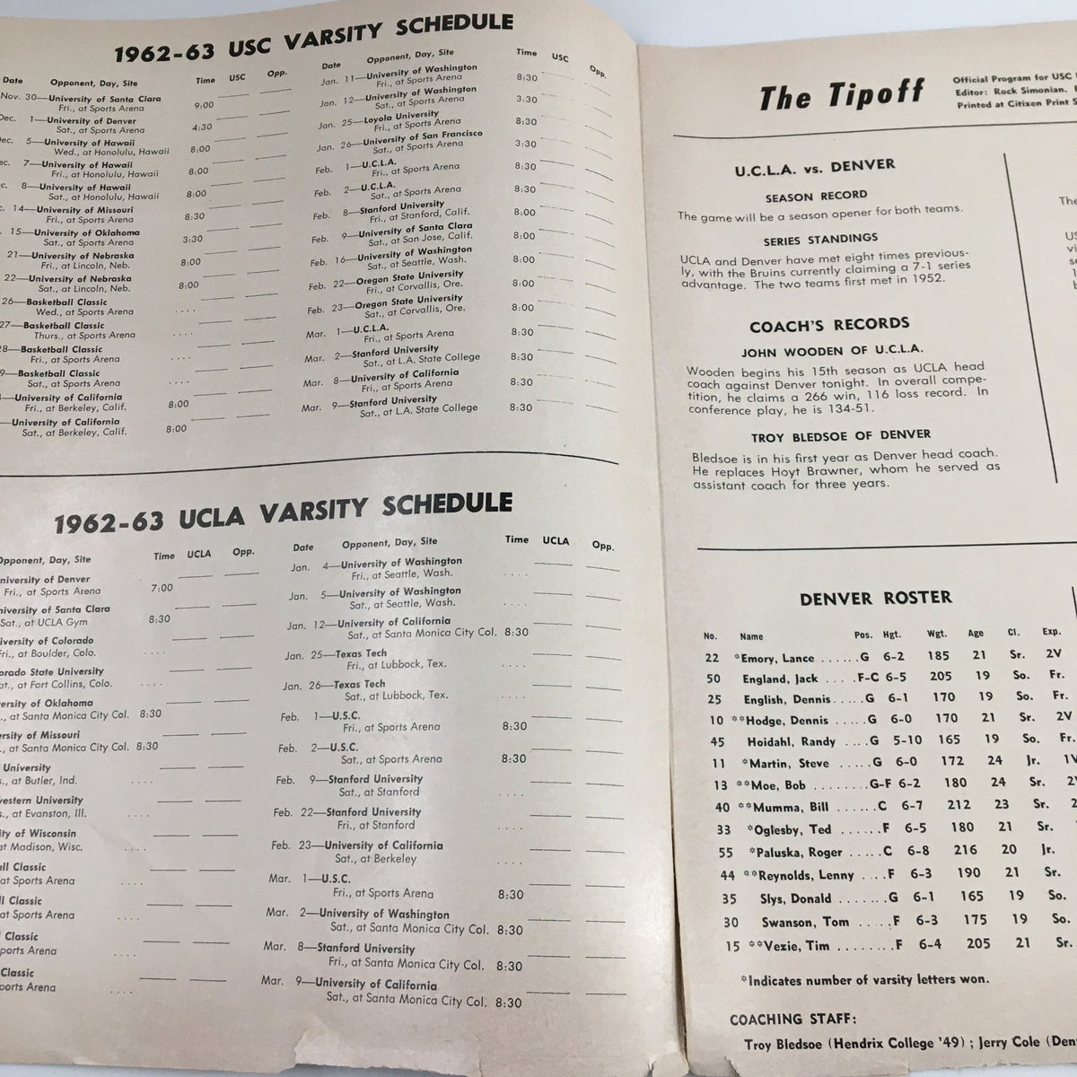 Inner page of the official program detailing the 1962-63 USC varsity schedule and coach's records, from the November 30, 1962 NCAA Basketball game between UCLA and Denver.