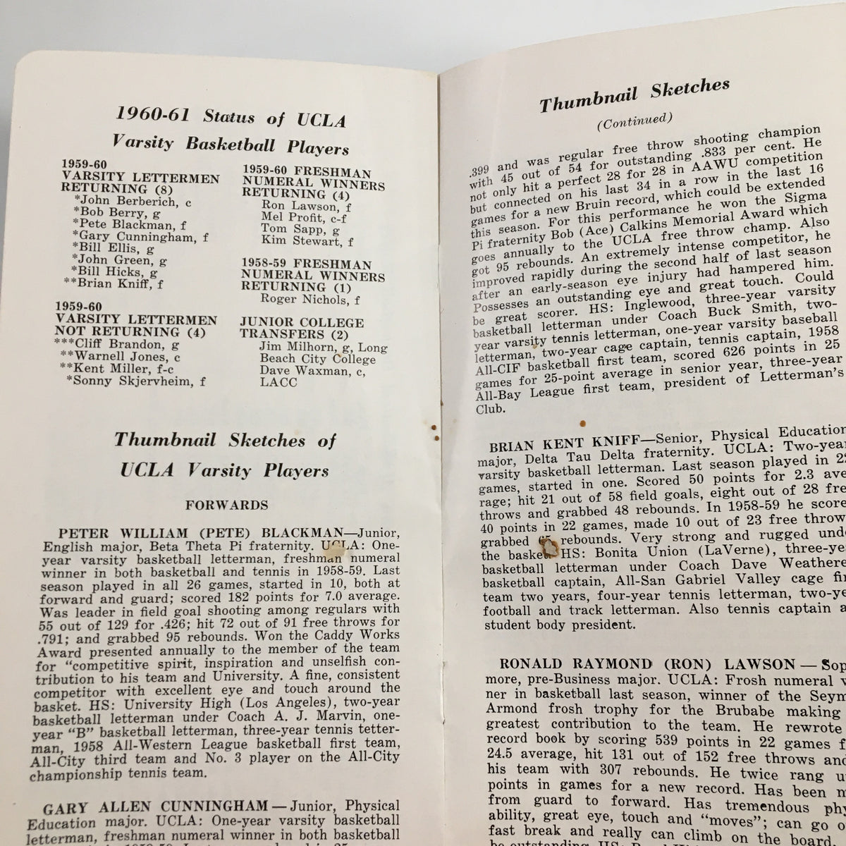 1960-1961 NCAA UCLA Bruins Varsity Basketball Schedule Program - page with thumbnail sketches of standout UCLA basketball players highlighting their accomplishments.