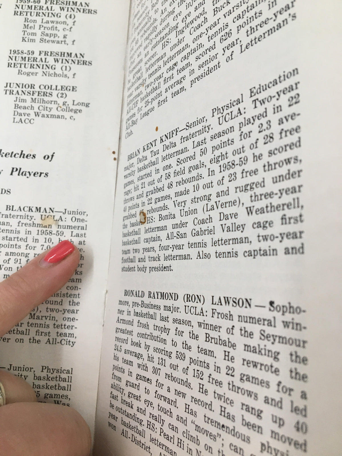 1960-1961 NCAA UCLA Bruins Varsity Basketball Schedule Program - close-up of a page showcasing detailed player thumbnails, including stats and backgrounds.