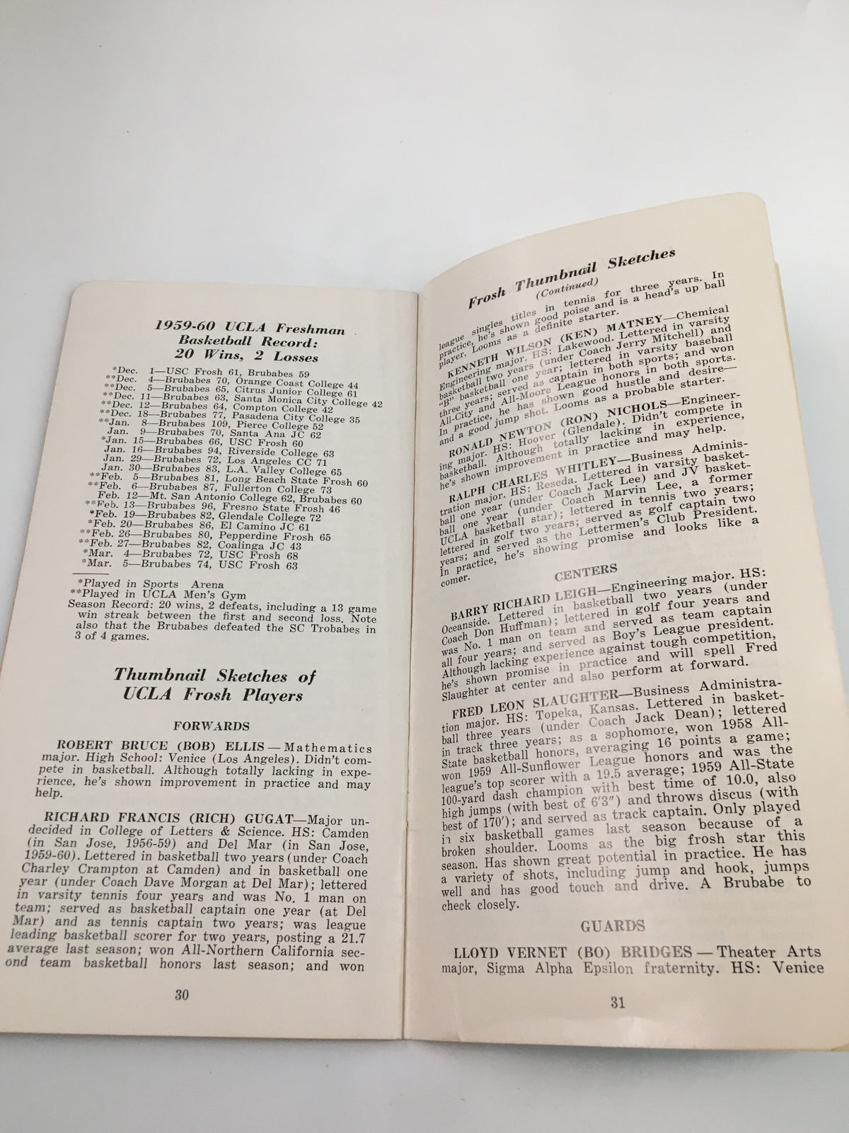 1960-1961 NCAA UCLA Bruins Varsity Basketball Schedule Program - page displaying the frosh thumbnail sketches of players, detailing their experiences and school records.