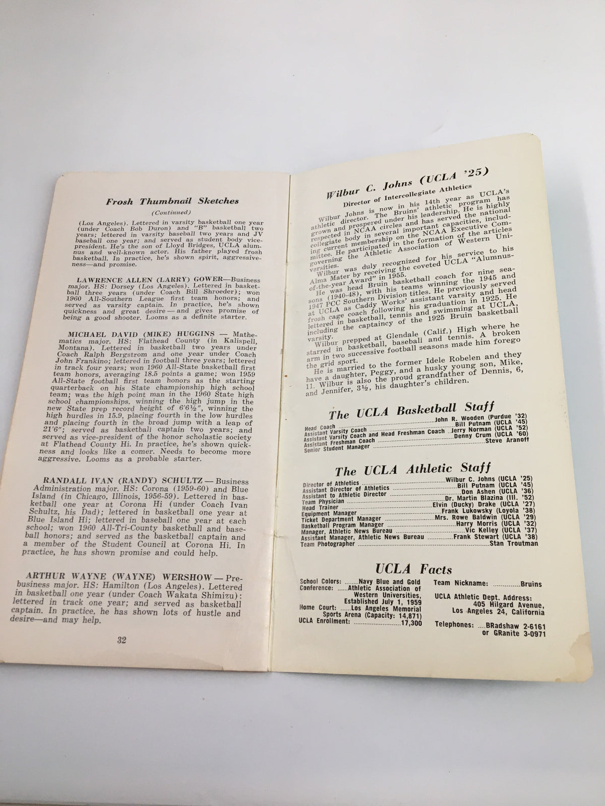 1960-1961 NCAA UCLA Bruins Varsity Basketball Schedule Program - page displaying UCLA Athletic Staff and important facts about UCLA basketball and enrollment.