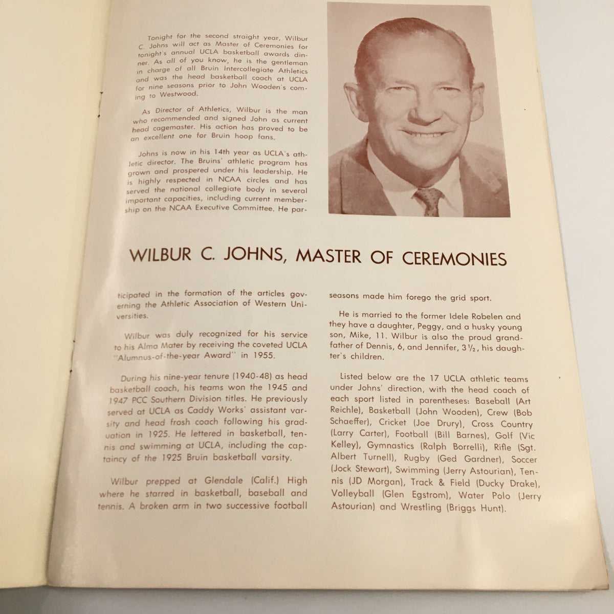 1960-1961 NCAA UCLA Bruins Annual Basketball Banquet Coach John Wooden