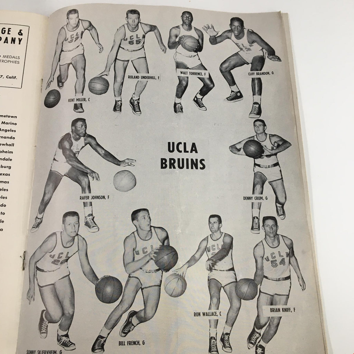 January 9 1959 NCAA Basketball Washington State UCLA The Hoop Official Program featuring the UCLA Bruins players including Billy Miller, Roland Tuckness, and more in action poses.
