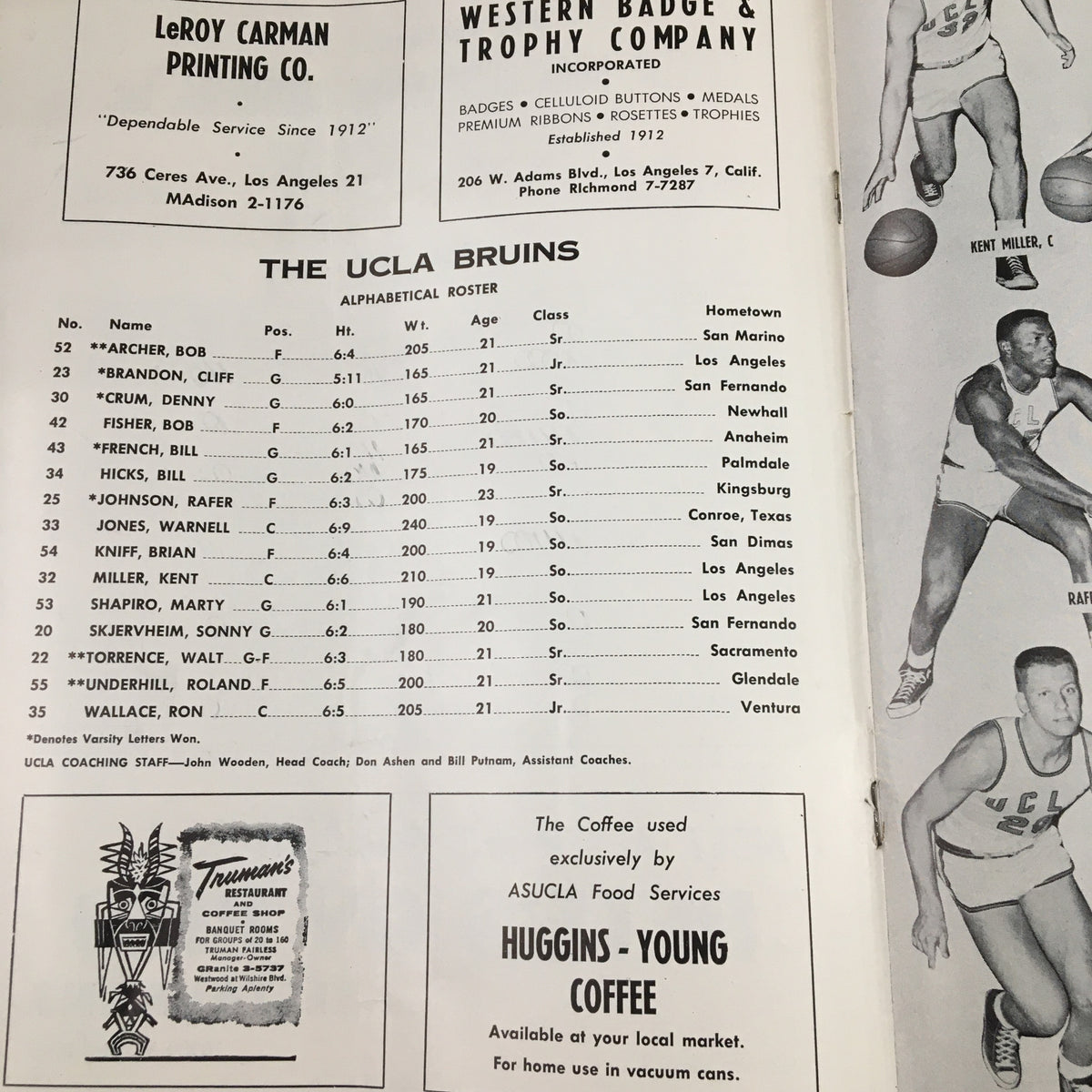 January 9 1959 NCAA Basketball Washington State UCLA The Hoop Official Program showing the UCLA Bruins alphabetical roster with player details and hometowns.