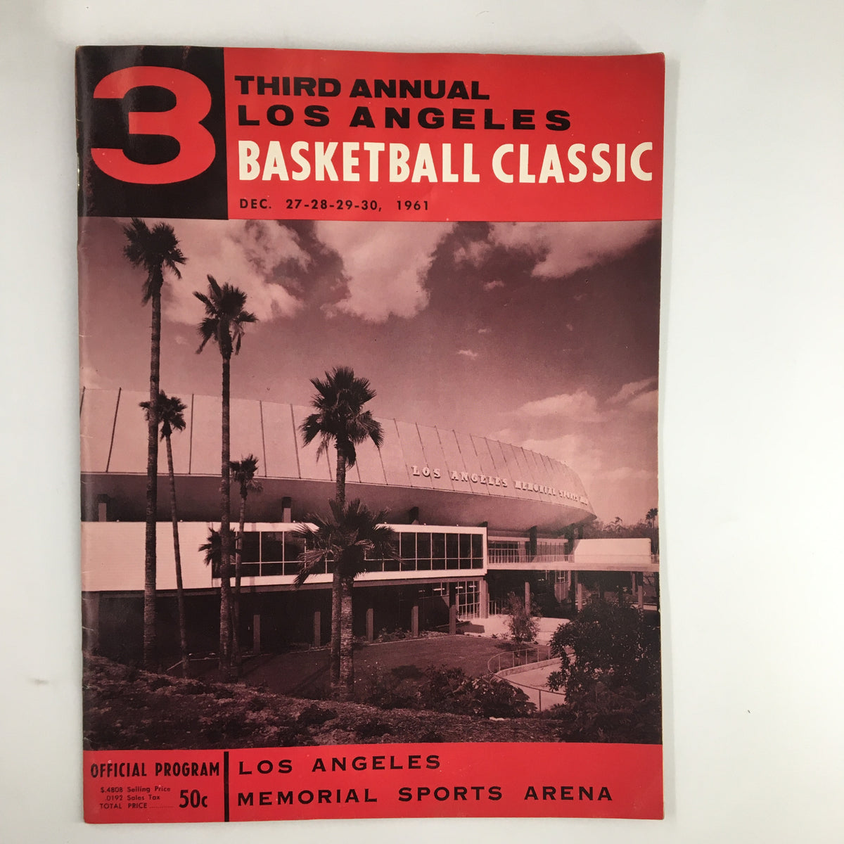 Cover of the December 27, 1961 NCAA UCLA vs Army Official Program for the Third Annual Los Angeles Basketball Classic, featuring palm trees and the Los Angeles Memorial Sports Arena.