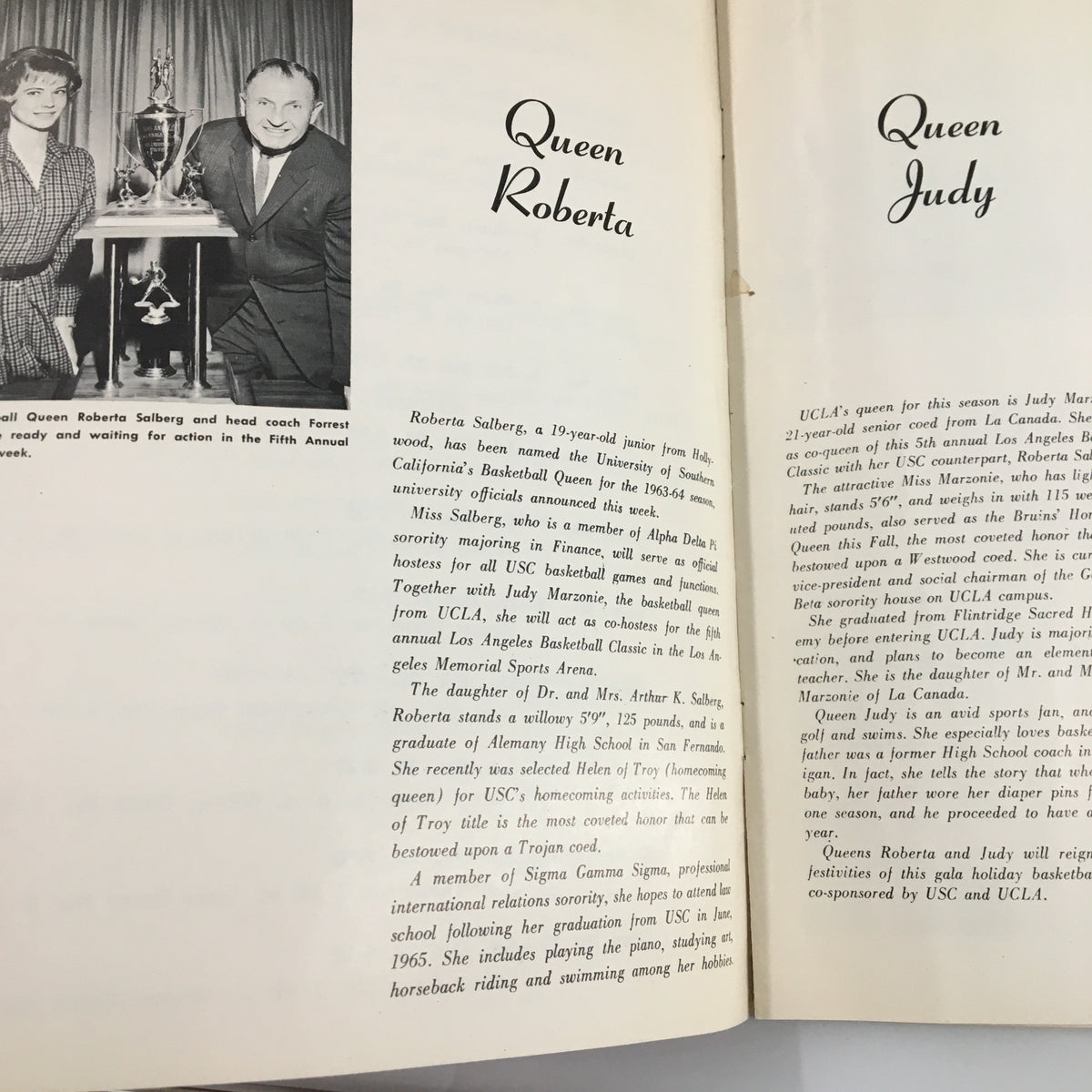 Page from the December 26, 1963 NCAA USC vs UCLA Basketball Classic Official Program showcasing Queen Roberta and her trophy.