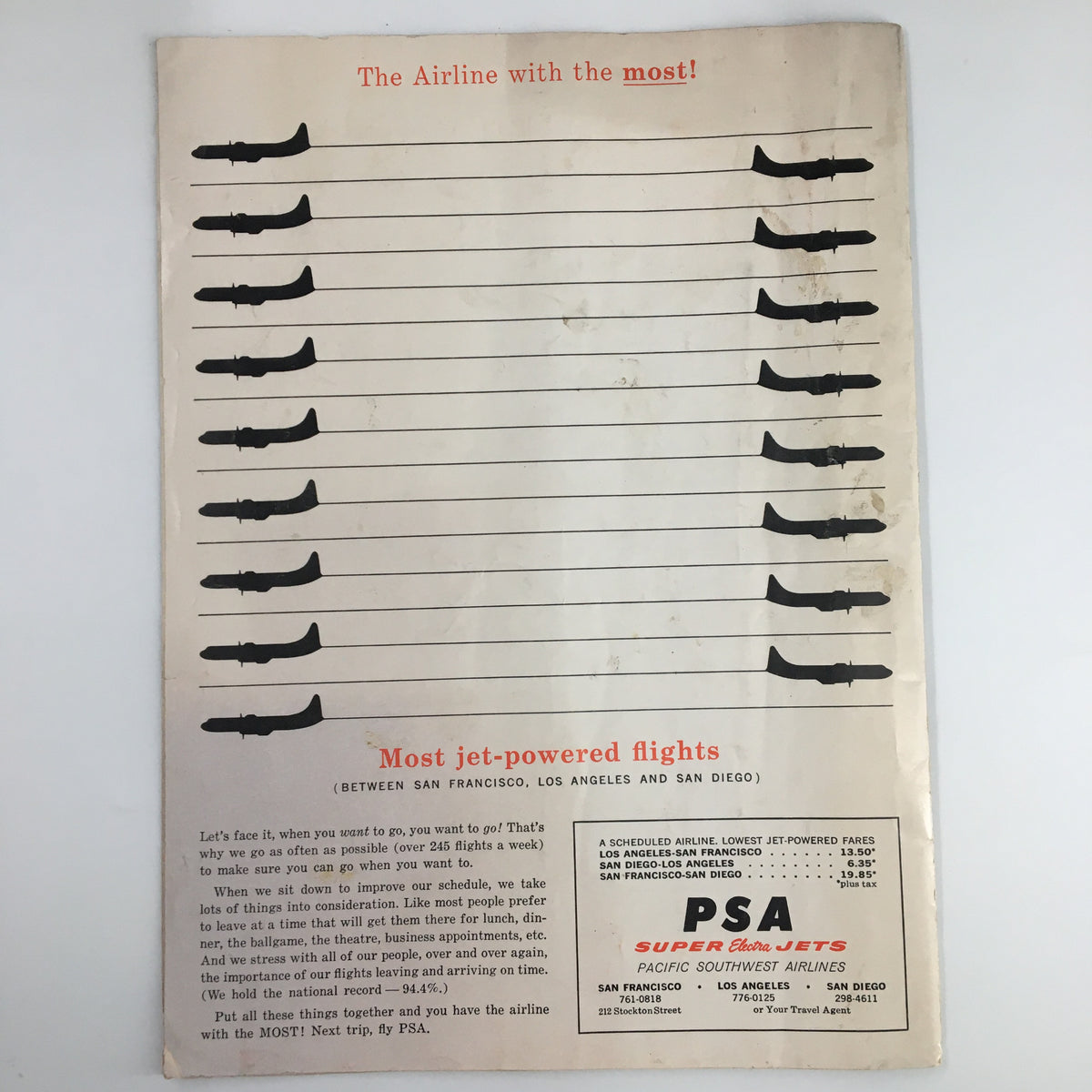 Vintage advertisement for PSA airlines from the 1960s, featured in the context of the December 26, 1963 NCAA USC vs UCLA Basketball Classic.
