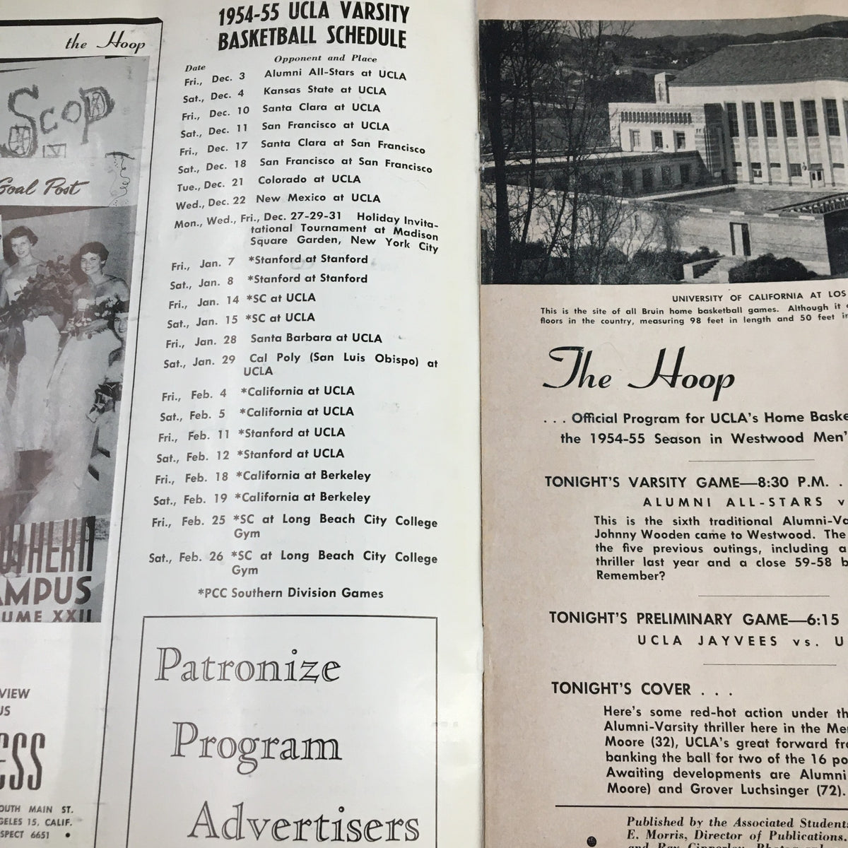 Inside page of the December 3 1954 NCAA Basketball Alumni vs UCLA Official Program displaying the UCLA varsity basketball schedule for the 1954-55 season.