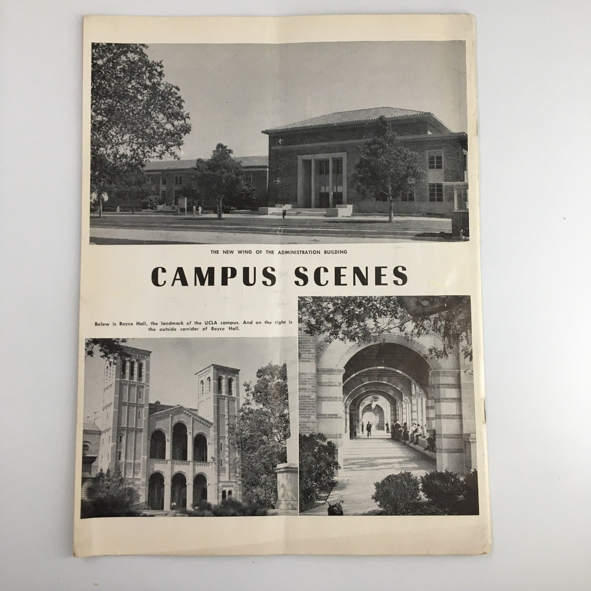December 3 1954 NCAA Basketball Alumni vs UCLA Official Program displaying historic campus scenes of UCLA's Administration Building and surrounding architecture.