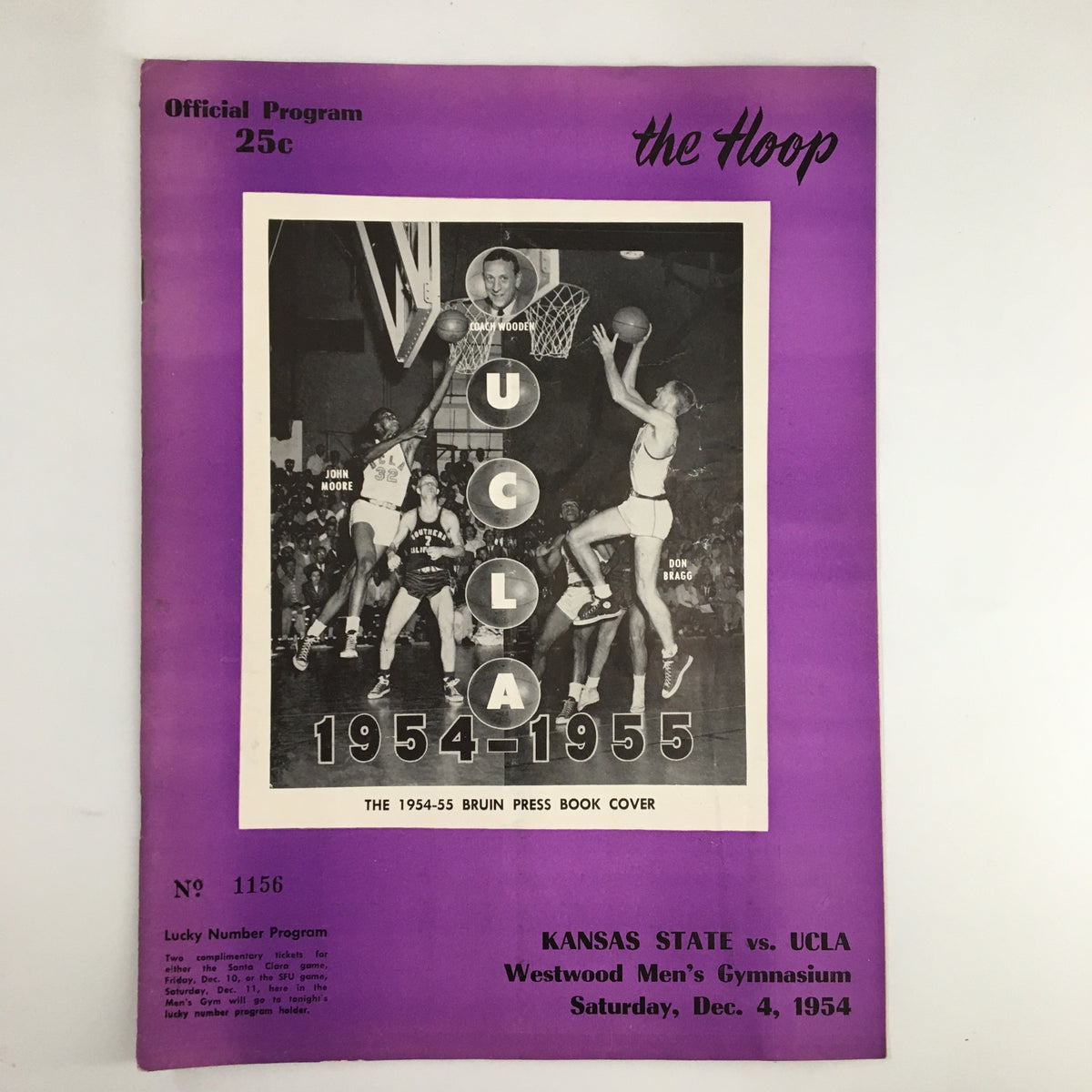 Cover of the December 4, 1954 NCAA Basketball Kansas State vs UCLA Official Program featuring vibrant purple design and iconic basketball imagery.