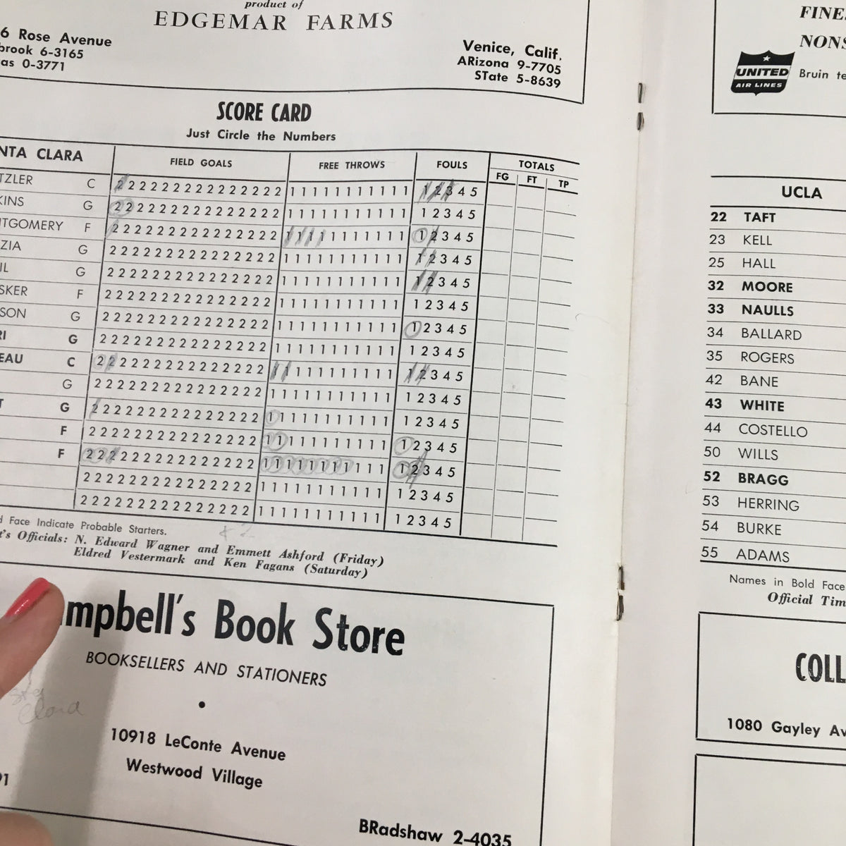 Scorecard page from the December 10 1954 NCAA Basketball Santa Clara vs UCLA program detailing game statistics and player scores.
