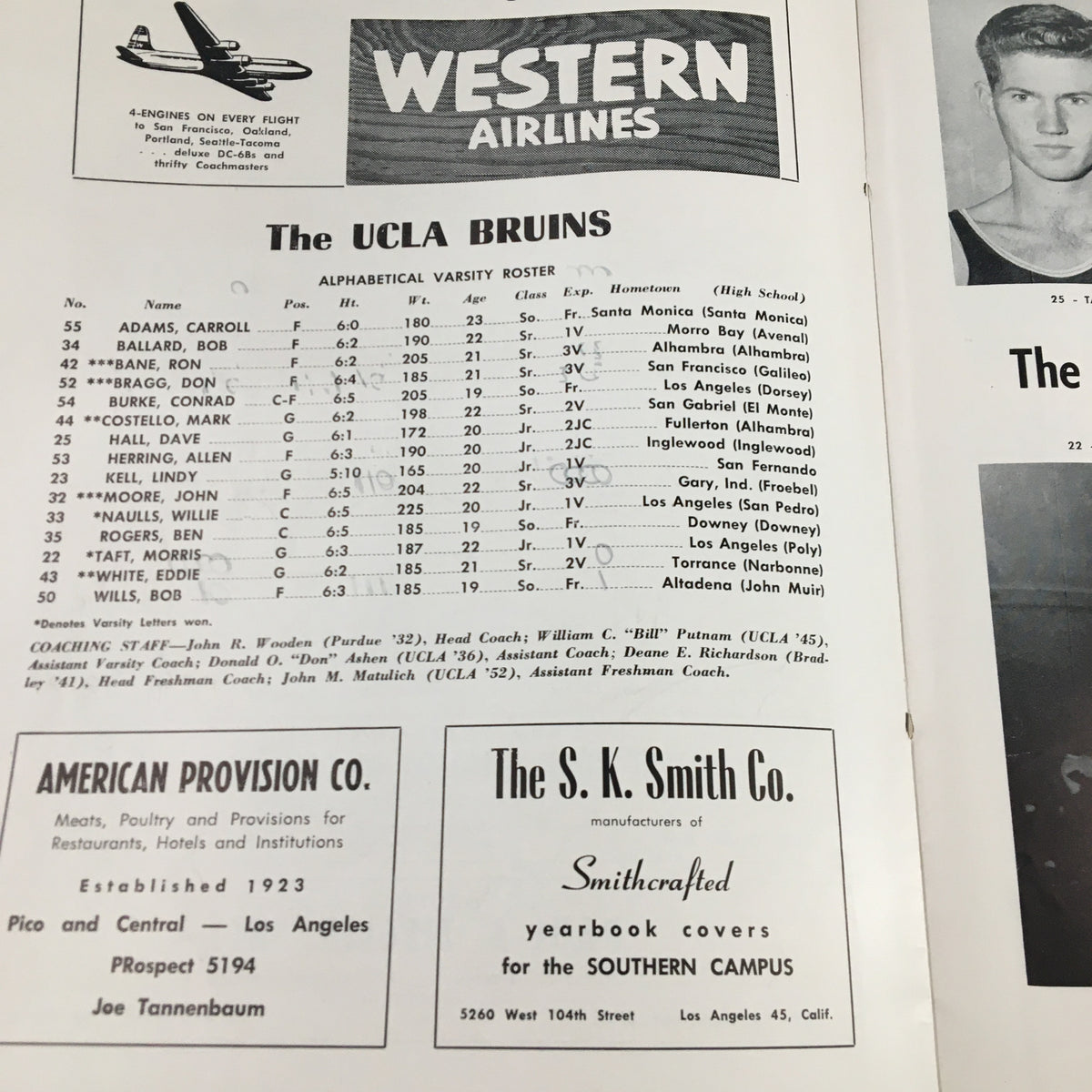 UCLA Bruins roster page from the December 10 1954 NCAA Basketball Santa Clara vs UCLA official program, listing the players and positions.