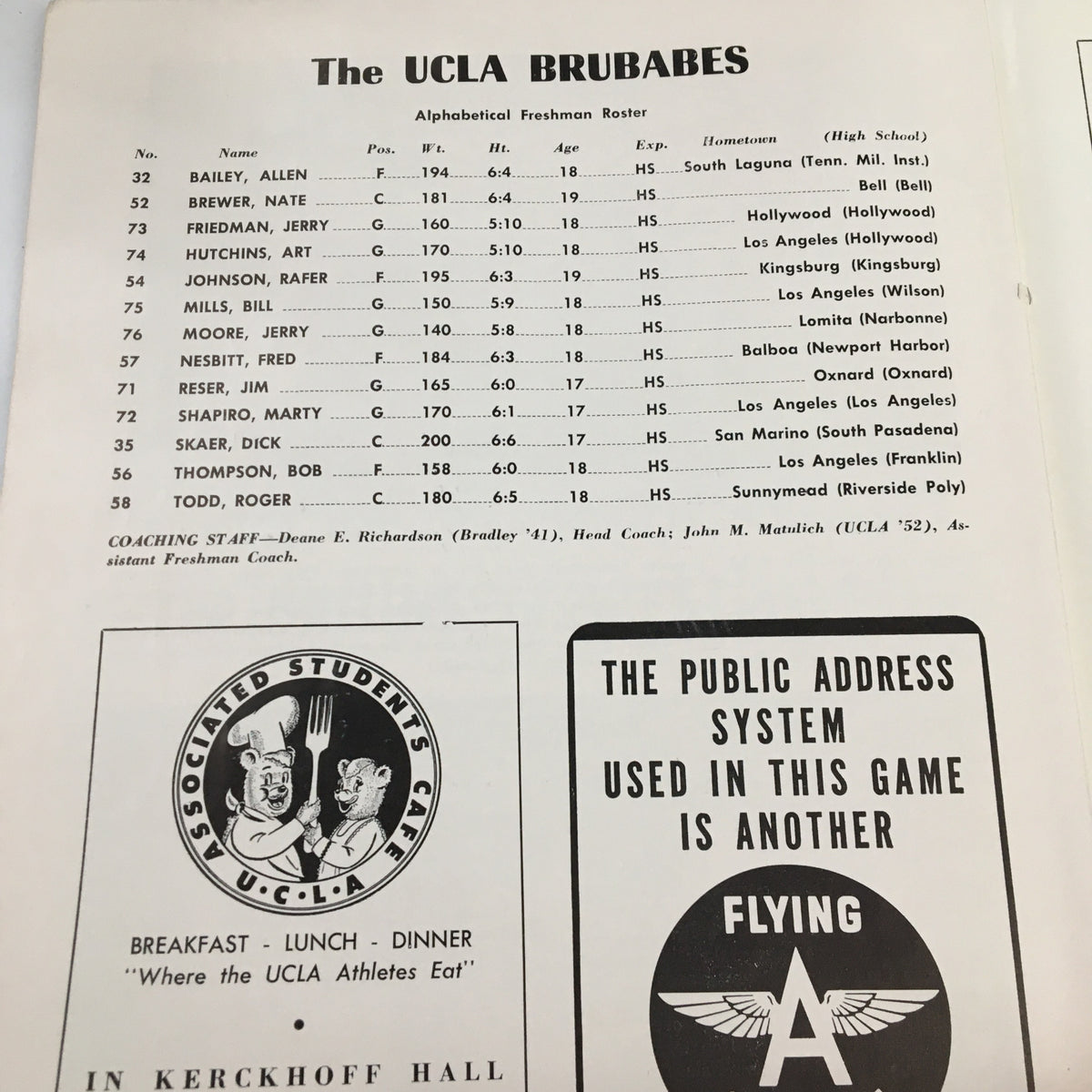 UCLA Brubabes freshman roster page from the December 10 1954 NCAA Basketball game against Santa Clara, detailing player names and heights.