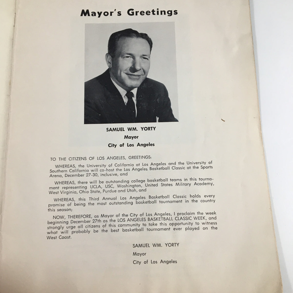 Mayor Samuel Wm. Yorty greets attendees in the December 27 1961 NCAA UCLA vs Army Basketball Classic Official Program, highlighting the significance of the event.