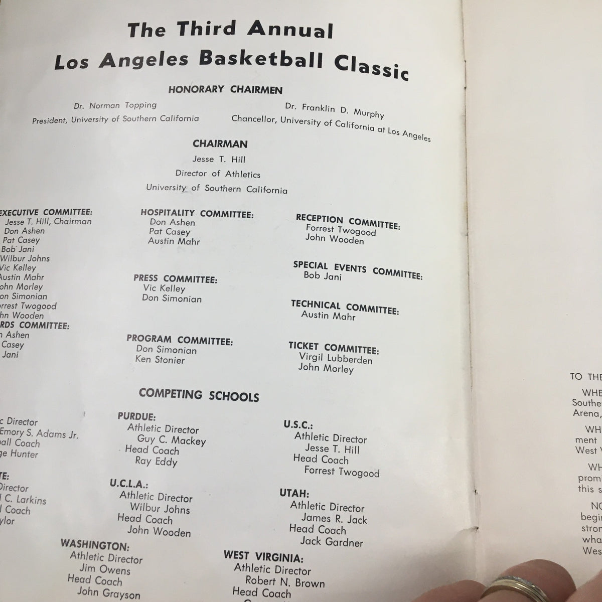 Honorary chairpersons and committee members listed in the December 27 1961 NCAA UCLA vs Army Basketball Classic Official Program, showcasing the organizational backdrop of the tournament.