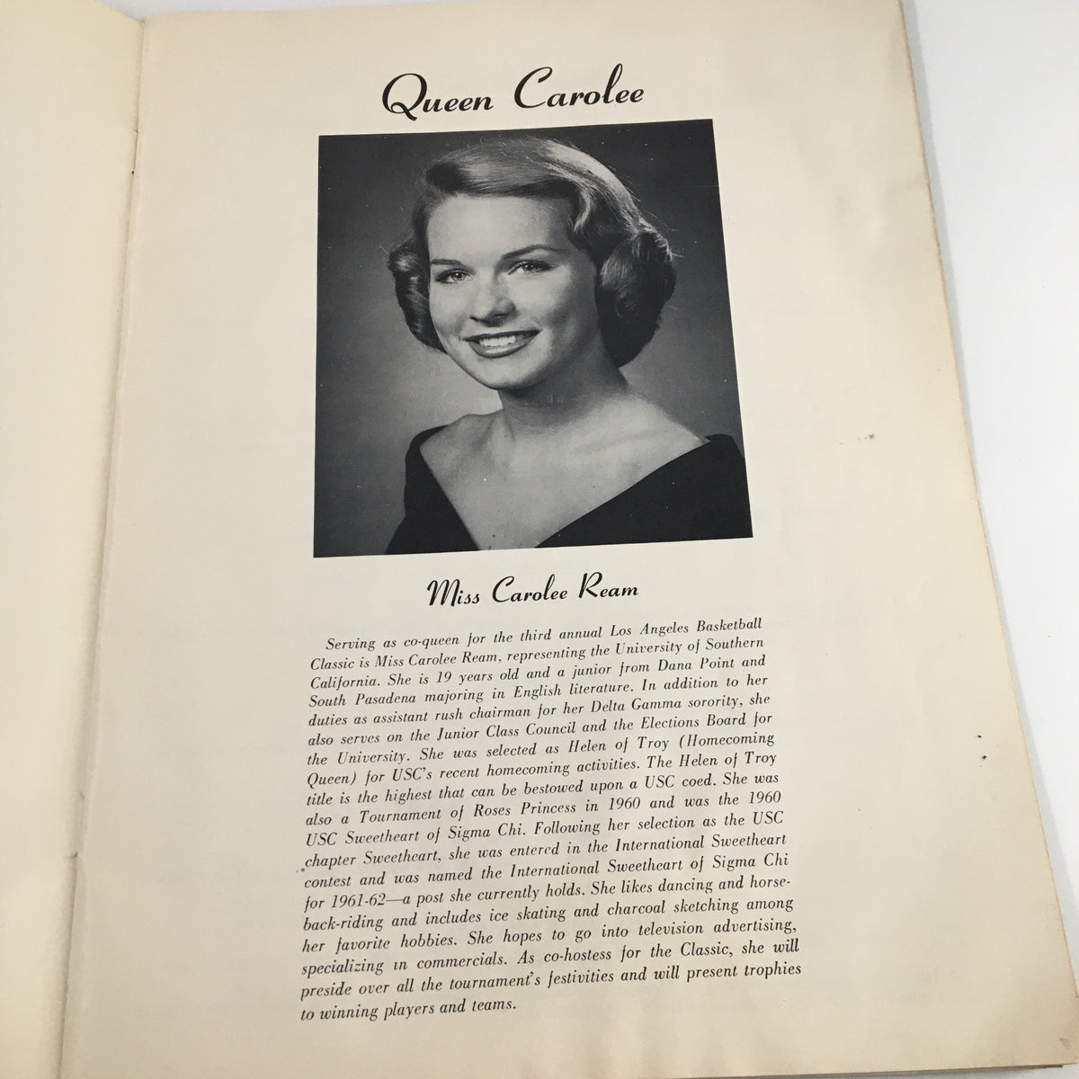 Miss Carolee Ream, Queen of the Los Angeles Basketball Classic, featured in the December 27 1961 NCAA UCLA vs Army Basketball Classic Official Program.