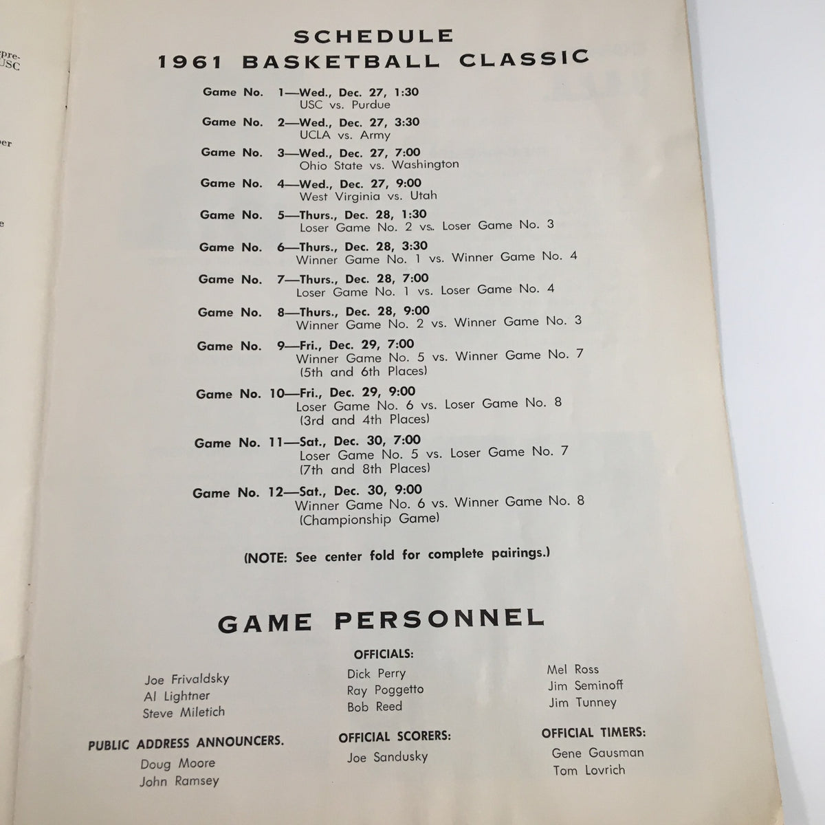 Schedule of the 1961 Basketball Classic showcased in the December 27 1961 NCAA UCLA vs Army Basketball Classic Official Program, detailing game matchups and timings.