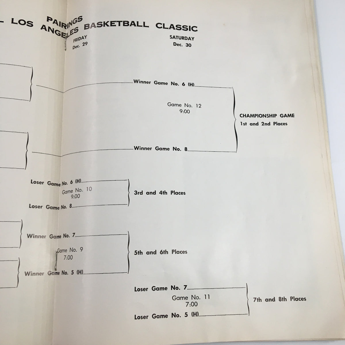 Continuation of the Third Annual Los Angeles Basketball Classic pairings schedule for December 29-30, detailing game matchups from the 1961 NCAA UCLA vs Army Basketball Classic.
