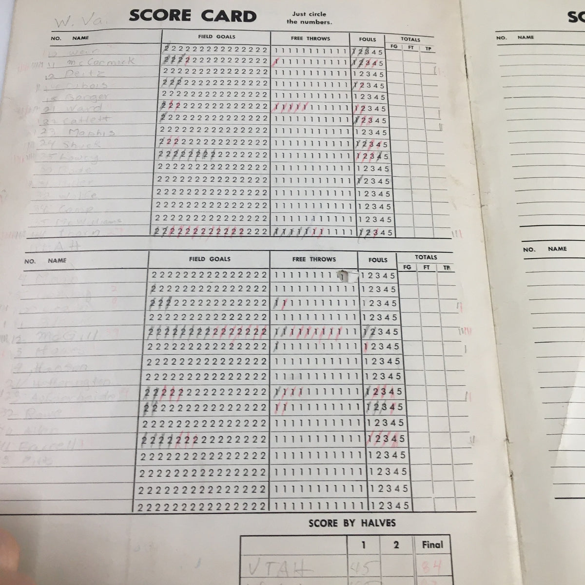 Scorecard from the game featuring West Virginia and other teams in the 1961 NCAA UCLA vs Army Basketball Classic, detailing player performance.