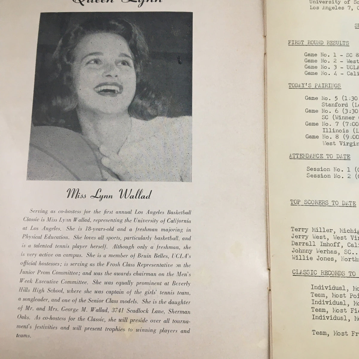 Page from the December 28 1959 NCAA UCLA vs Michigan Basketball Classic Official Program featuring Miss Lynn Wallad, the co-hostess representing UCLA, with event details.