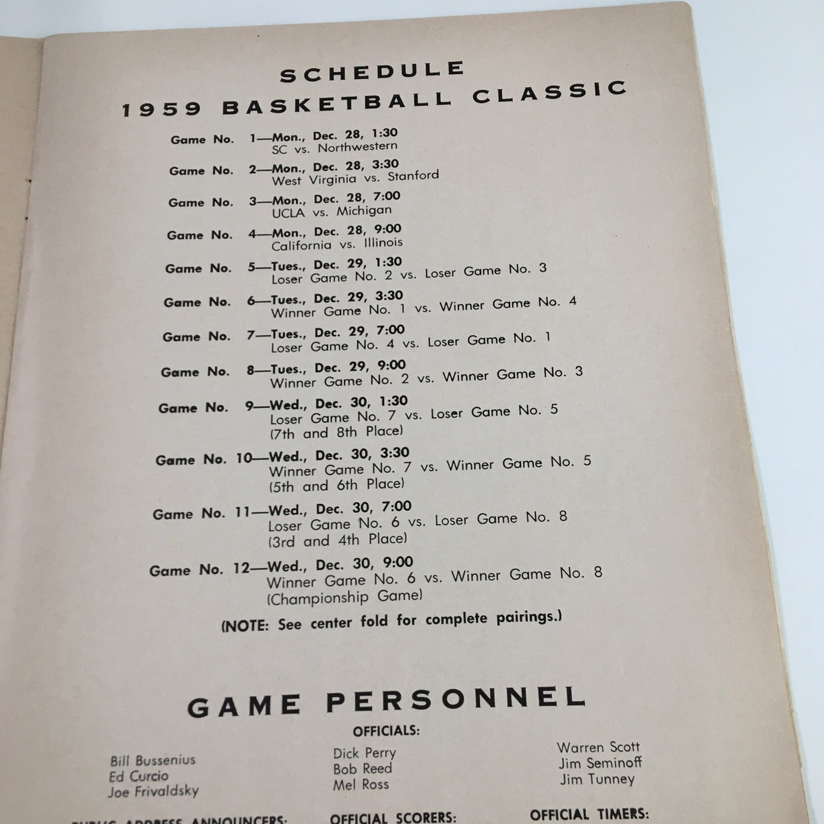 Schedule page from the December 28 1959 NCAA UCLA vs Michigan Basketball Classic Official Program, outlining the game matchups and personnel for the tournament.