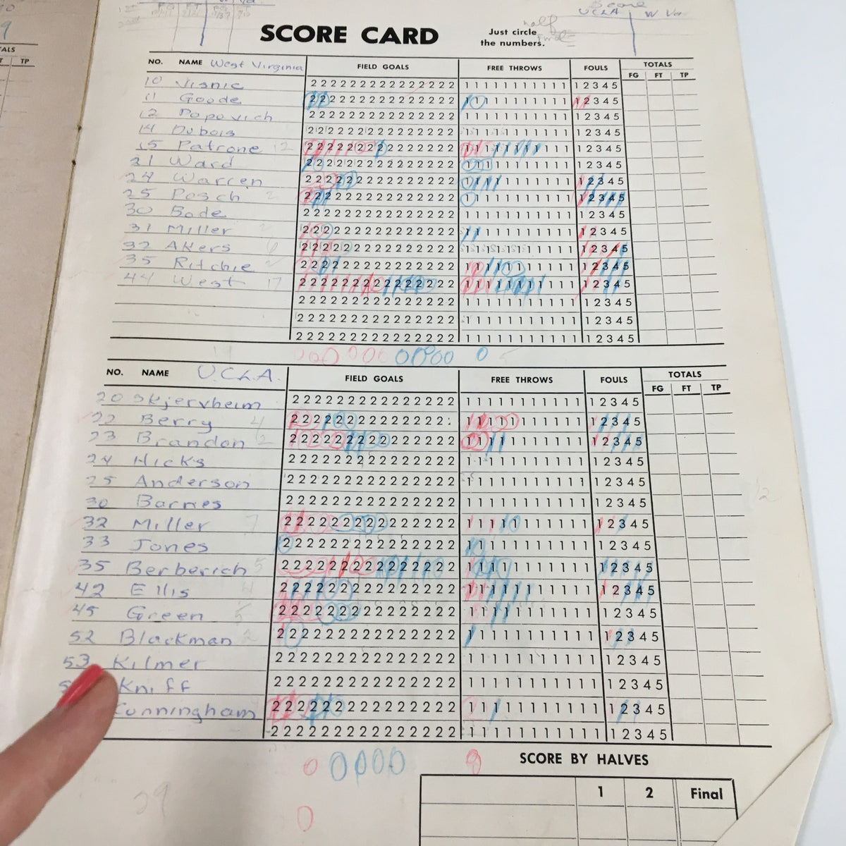 Scorecard listing for the NCAA game between West Virginia and UCLA showing player statistics and scores, part of the official NCAA UCLA vs. Michigan Basketball Classic program dated December 28, 1959.